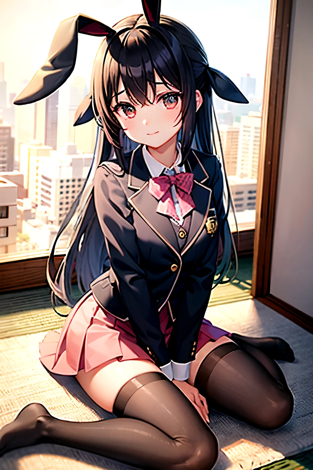 ((highest quality)), ((masterpiece)), (be familiar with), girl、rabbit ears、blazer uniform、pink skirt、black knee socks、No expression、whole body、Japanese style room、sit on tatami、View from your feet