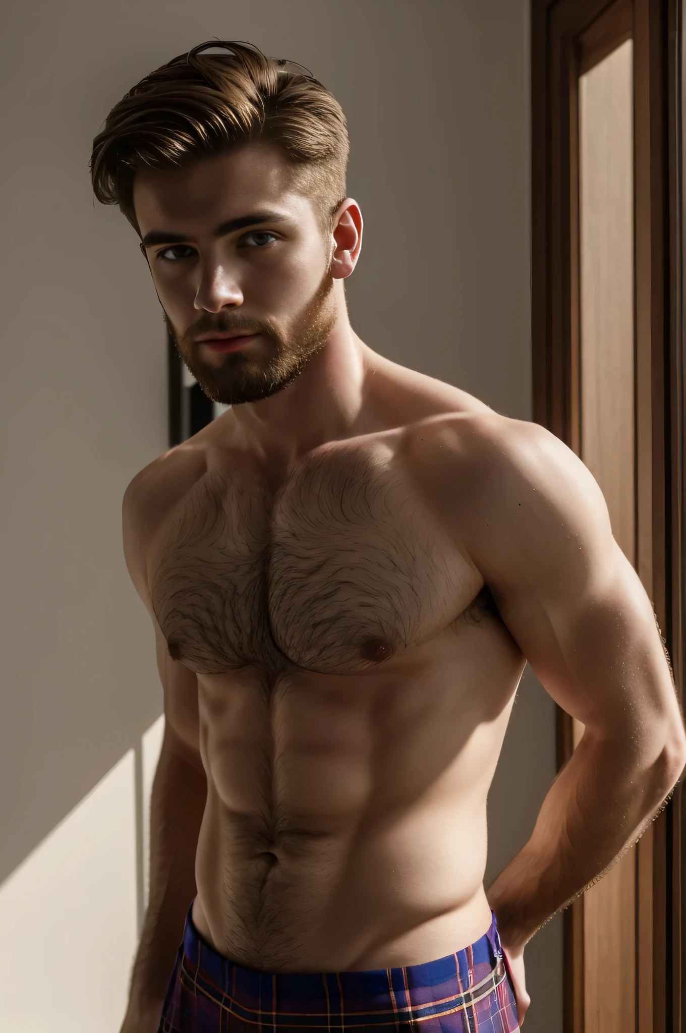 Scottish man, 21 anos, roupas elegantes, peludo, extremamente bonito, looking-into-camera, 16k, UHD, perfect lighting, grain of film, altamente detalhado, foto de corpo inteiro