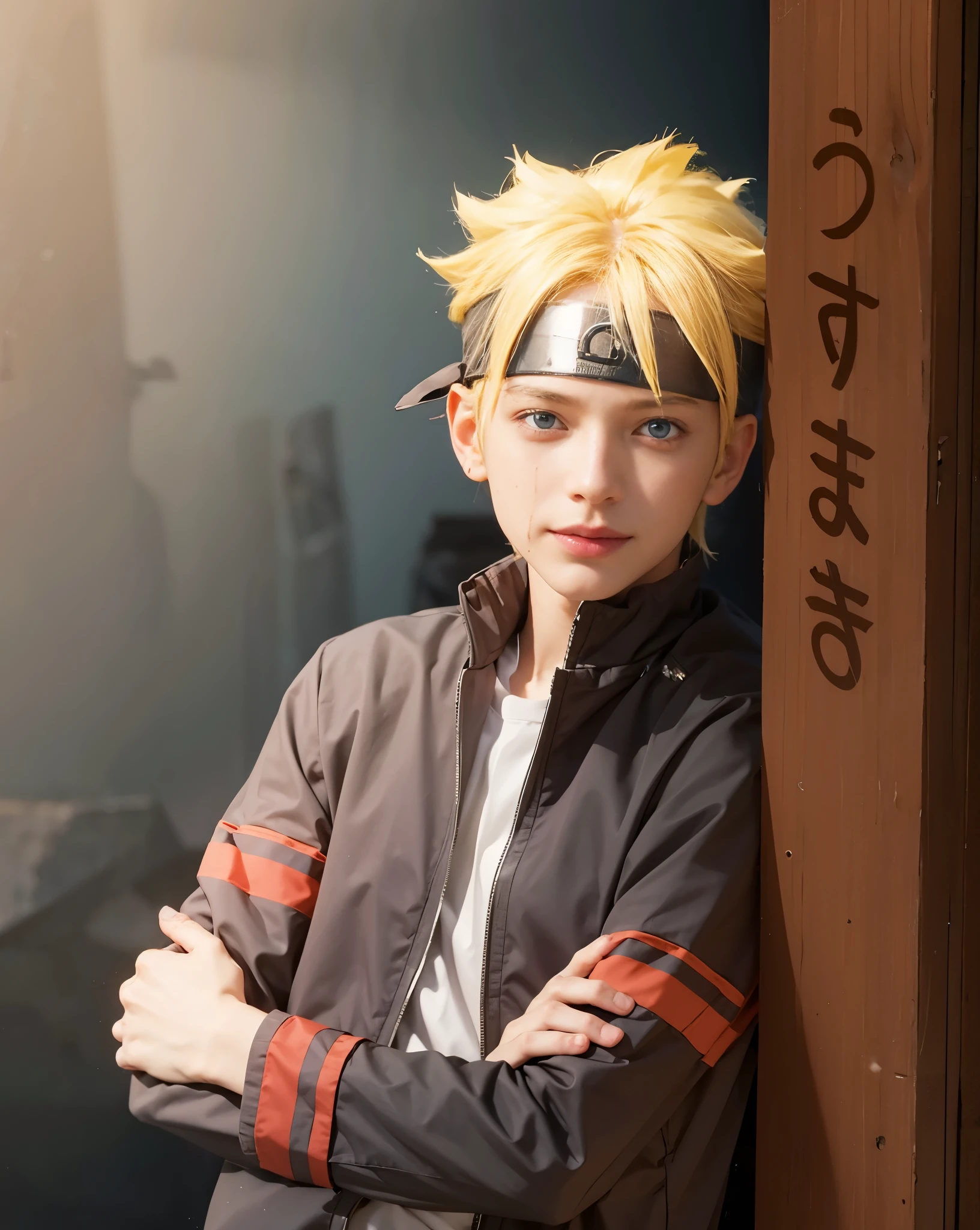1male, boruto in anime boruto, short hair , yellow hair, blue eyes, handsome, smile, black clothes, realistic clothes, detail clothes, beach city background, ultra detail, realistic