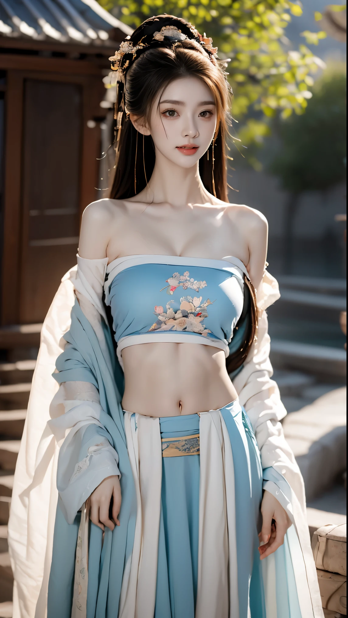 best picture quality,Very detailed,extremely high resolution,perfect body proportions,Works by top photographers。Beautiful Hanfu girl,Wearing a naked,long eyelashes,big eyes,shining eyes,lying silkworm,plump lips,small nose,a happy expression,Sweet,Exquisite makeup,full-body shot,snow White, Jade legs are thin and straight,snow white skin,White embroidered skirt,necklace,Expose long legs,lace,Sweet,long hair fluttering,best quality,masterpiece,full-body shot,facial focus,The bust is very prominent,thin waist,snow white belly,belly button,imagine,Seven part shoot model: hanfu, CFG scale: 7, Lola: future fashion(0.4)、rainbow(0.4)、martial arts(0.2)、Asian face woman-2(0.4)、poetic fairy tale(0.01)