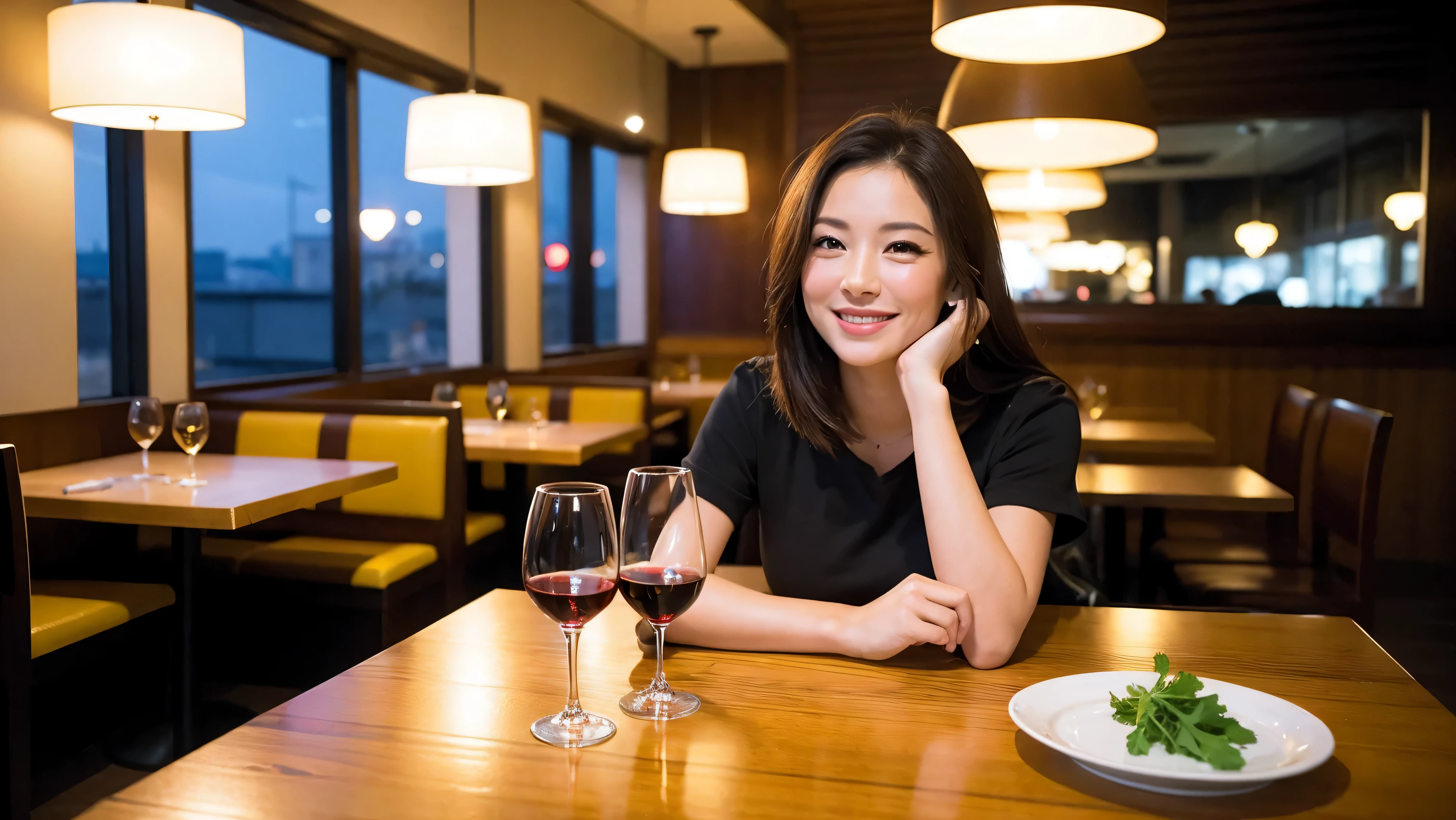 (including 64k, nffsw, highest quality, table top: 1.2), (realistic, realistic: 1.37), pretty woman 1, (slimフェイス), (because I'thin), (brown hair), (shortcut), cheeks turn a little red, (40 years old), 38 years, alone, 窓の外には美しく緻密なnight景が広がります..., restaurant, wine glassに座って, nightに, in a prominent place (from the waist up) nova frog style, actress, model, Upper body, White wine, slim, wine glass, とてもきれいなnight景, 真ん中に置かれたwine glass, smile, (smile: 1.15), Beautiful little eyes, Upper body, bust japan up, night, short, short, actress, model, Upper body, White wine, slim, wine glass, とてもきれいなnight景, 真ん中に置かれたwine glass, smile,