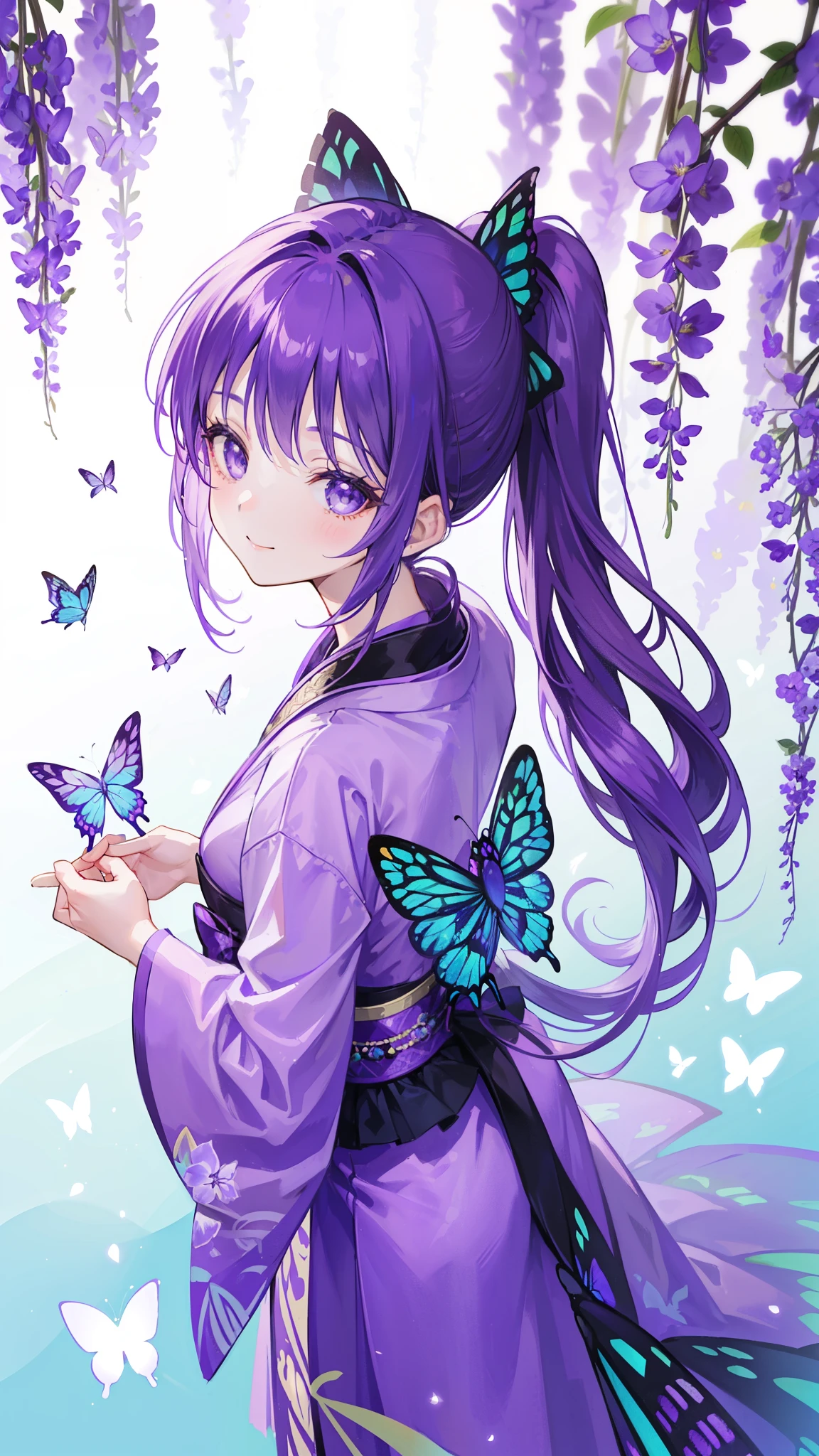 (32k), ((cute girl)), (hight quality), (high-level image quality), (smile), (hight quality wisteria flowers background), (32k background), (wisteria trellis),
(purple short ponytail), (purple eyes), (18 years old), (illustration), (purple light particles), (purple kimono), (purple Japanese clothes), (((from above))), (32k), (beautiful cute girl), (butterfly ornament), (butterfly dress), ((many butterflies)), (((background of many flowers
))), (((bright background))), (beautiful world), (cute world), (smile), back,