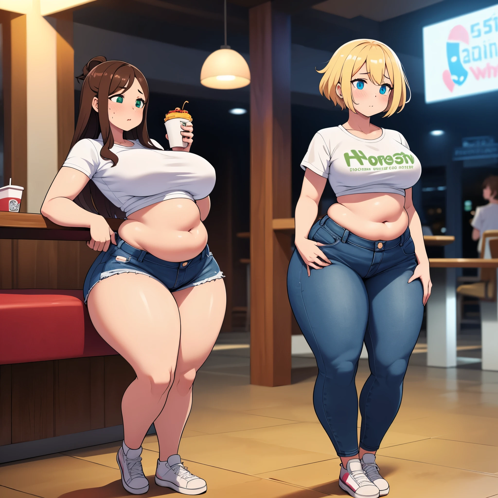 ((highres)), Masterpiece, high quality, best quality, beautiful, perfect lighting, detailed face, ultra cute face, ((2girls)), ((blush)), embarrassment, one girl has blonde hair, blue eyes, crop top and shorts, one girl has brown hair, green eyes, jeans, white shirt, tight clothes, fast food restaurant, medium breasts, perky breasts, (wide hips), ((thick thighs)), (chubby), fat folds, belly hang, standing next to each other, hand grabbing belly,
