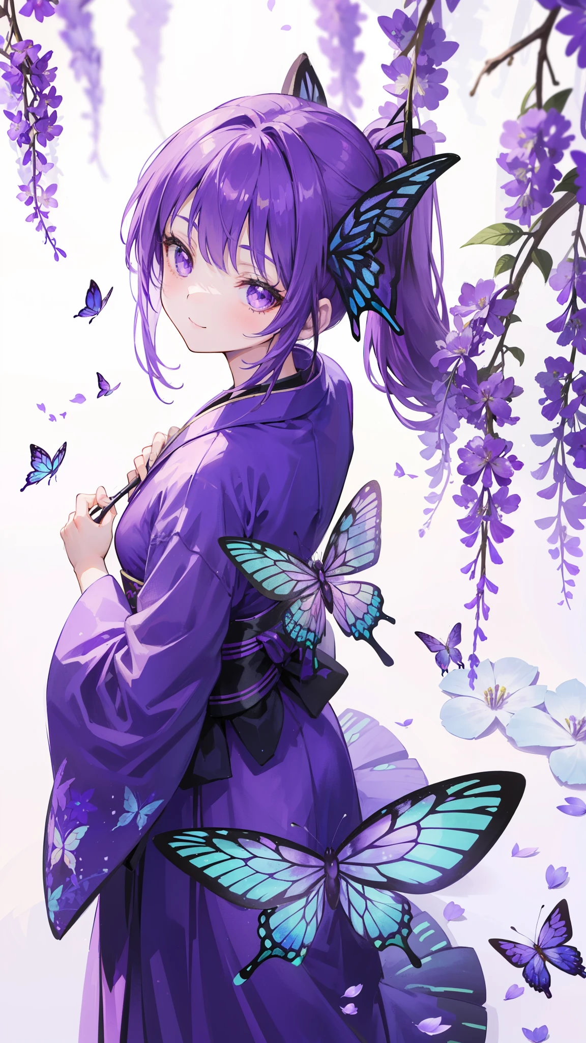 (32k), ((cute girl)), (hight quality), (high-level image quality), (smile), (hight quality wisteria flowers background), (32k background), (wisteria trellis), 
(purple short ponytail), (purple eyes), (18 years old), (illustration), (purple light particles), (purple kimono), (purple Japanese clothes), (((from above))), (32k), (beautiful cute girl), (butterfly ornament), (butterfly dress), ((many butterflies)), (((background of many flowers
))), (((bright background))), (beautiful world), (cute world), (smile), back, 