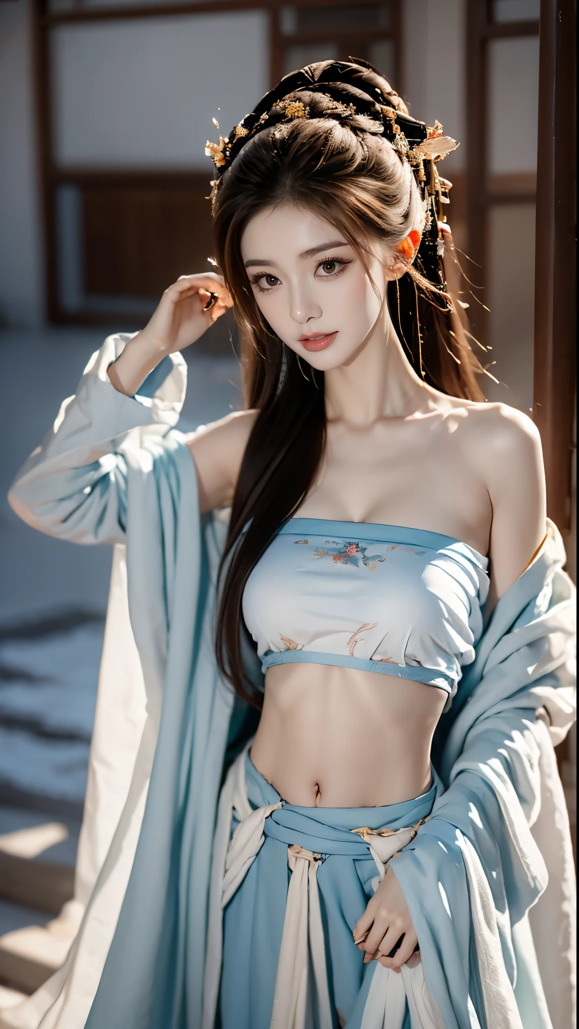best picture quality,Very detailed,extremely high resolution,perfect body proportions,Works by top photographers。Beautiful Hanfu girl,Wearing a naked,long eyelashes,big eyes,shining eyes,lying silkworm,plump lips,small nose,a happy expression,Sweet,Exquisite makeup,full-body shot,snow White, Jade legs are thin and straight,snow white skin,White embroidered skirt,necklace,Expose long legs,lace,Sweet,long hair fluttering,best quality,masterpiece,full-body shot,facial focus,The bust is very prominent,thin waist,snow white belly,belly button,imagine,Seven part shoot model: hanfu, CFG scale: 7, Lola: future fashion(0.4)、rainbow(0.4)、martial arts(0.2)、Asian face woman-2(0.4)、poetic fairy tale(0.01)