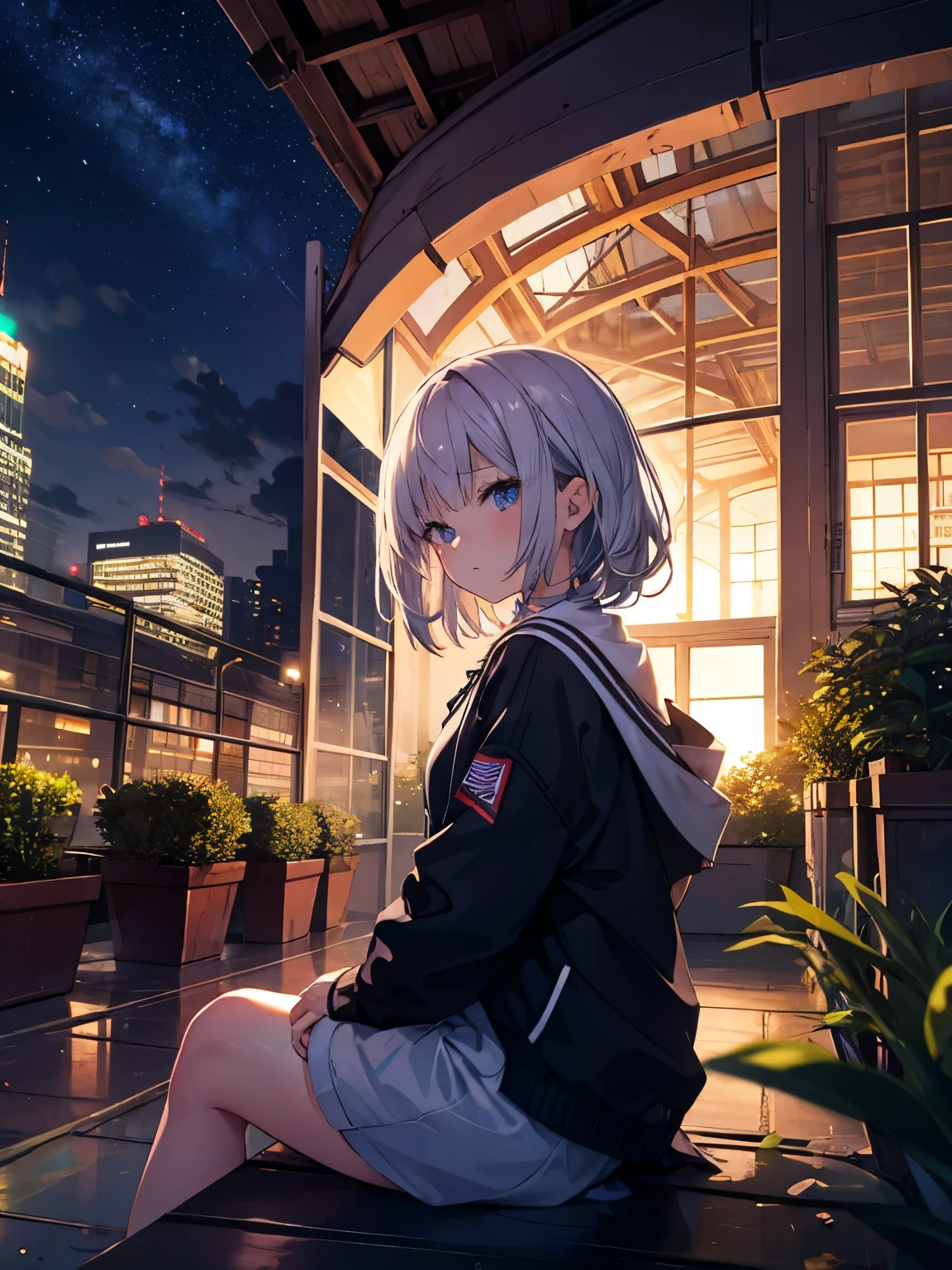 highest quality, masterpiece, very detailed, detailed background, anime, 1 girl, young girl, short girl, SF, SF, outdoors, night, starry sky, greenhouse, huge structure, biodome, Wind景, scenery, horizon, rooftop, sitting on rooftop, Wind, look away, atmosphere lighting, focus only, close, From the side, Depth of written boundary, Bokeh