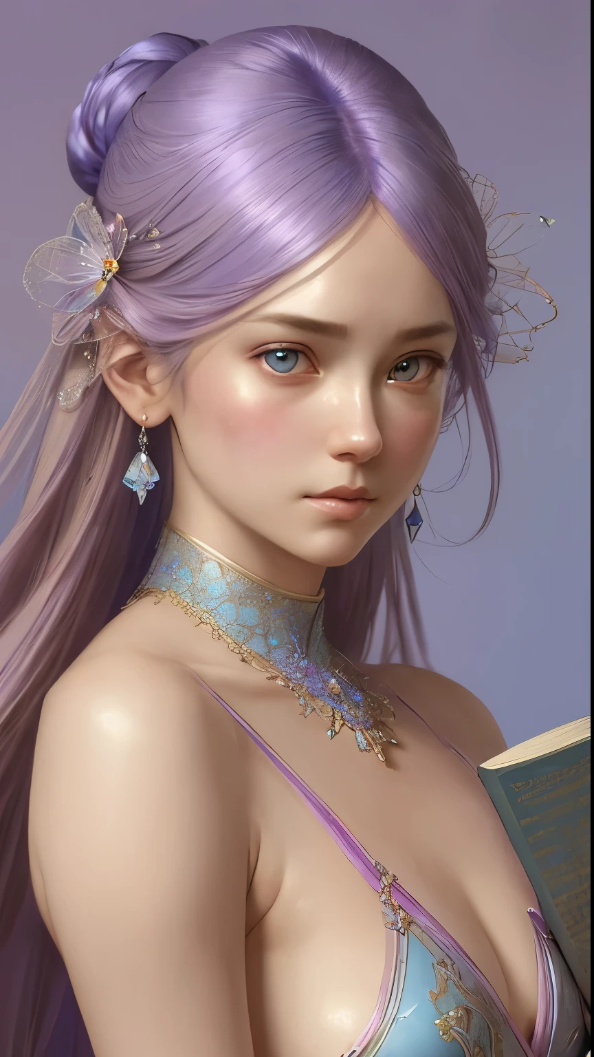 blue pink、beige、Purple background color Background with crystals, books and numbers Beautiful 8k portrait of hair,fantasy complex, elegant, very detailed, majestic, digital photography, artgerm、ruan jia、Art by greg Rutkowski、surrealistic painting、, Beautiful detailed eyes: 1.2), HDR,