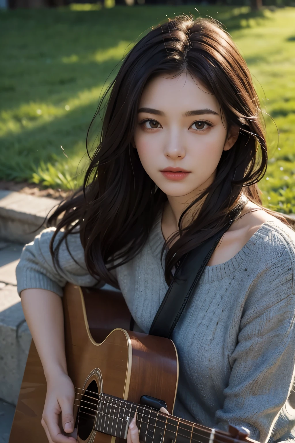 Upper body close-up image.A beautiful woman. Dark brown hair. A woman in her twenties. She is singing with a guitar in one hand. She is sitting on the grass in the park and the evening light is spreading. The season is spring.The woman has a slightly sad expression on her face.
