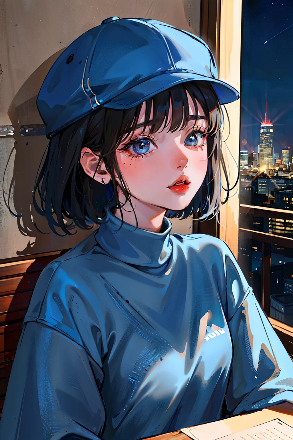 (8K wallpaper unified with ultra-detailed CG, masterpiece, top quality, ultra-detailed), (best lighting, best shadows, extremely delicate and beautiful), she is a bit angry. She's wearing a sloppy sweatshirt and a cap. Her very short hair frames her beautiful face perfectly. Her blue eyes are shining. She is downtown at night.