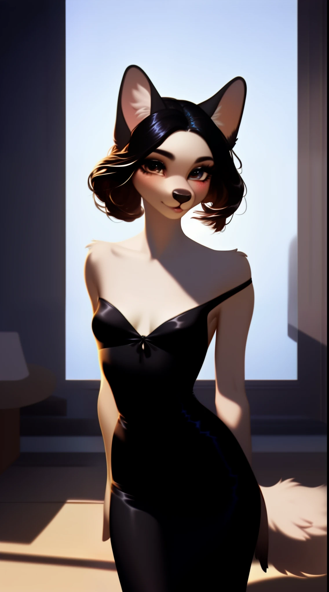 (score_9), (source_ derpibooru_p_95),m, ((cute anthro canine :1.1)), (black shoulderless dress), blushing, teenager, cute look, solo, long dark hair, anatomically correct, flat chest , high res, extremely detailed, adorable, ribs, hip bones, living room, 1girl, absurd resolution, moonlight, cute nose, cute snout, realistic hair, fluffy ears, skinny waist, fancy hair,