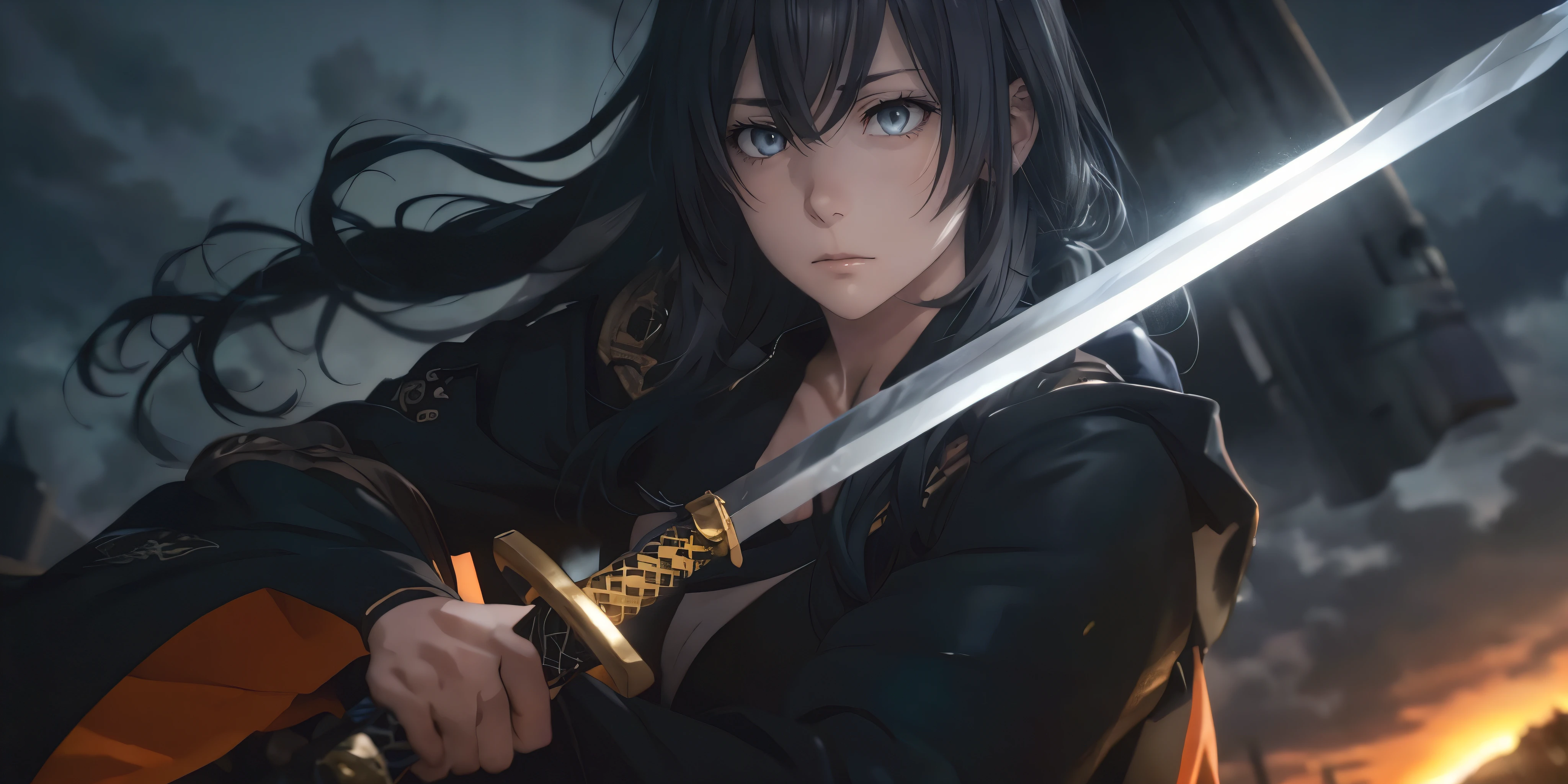 yukinoshita yukino, (long hair, black hair:1.5), grey eyes, sweating, glowing eyes, heavy breathing, female focus, sword, holding, solo, wide_sleeves, 1girl, black_hair, holding_sword, bare_shoulders, detached_sleeves, looking_at_viewer, long_sleeves, standing, breasts, floating_hair, sunset, katana, cowboy_shot, cloud, midriff, medium_breasts, looking_back, back, "glow effects, godrays, Hand drawn, render, 8k, octane render, cinema 4d, blender, dark, atmospheric 4k ultra detailed, cinematic, Sharp focus, big depth of field, Masterpiece, colors, 3d octane render, 4k, concept art, trending on artstation, hyperrealistic, Vivid colors, extremely detailed CG unity 8k wallpaper, trending on CGSociety, Intricate, High Detail, dramatic", anime coloring, anime screencap, sweating, steaming body, fog