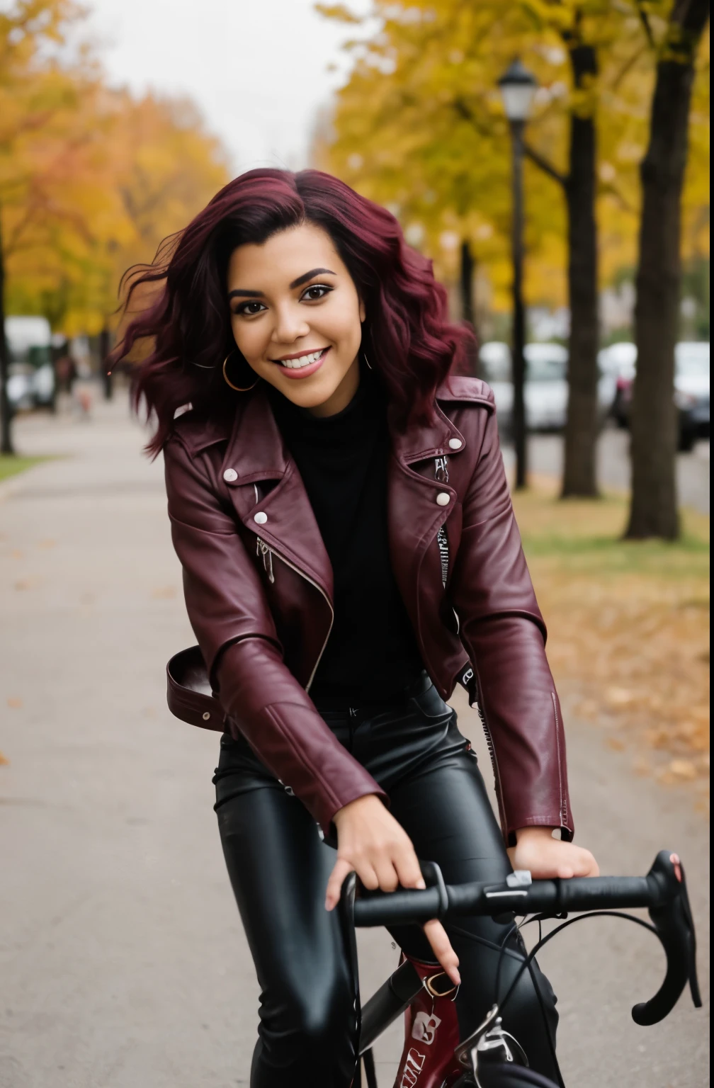 —Kourtney street photography photo of a young black woman with burgundy hair, smile, happy, black leather jacket and black pants , flying bird tattoos on her arms, riding a bicycle