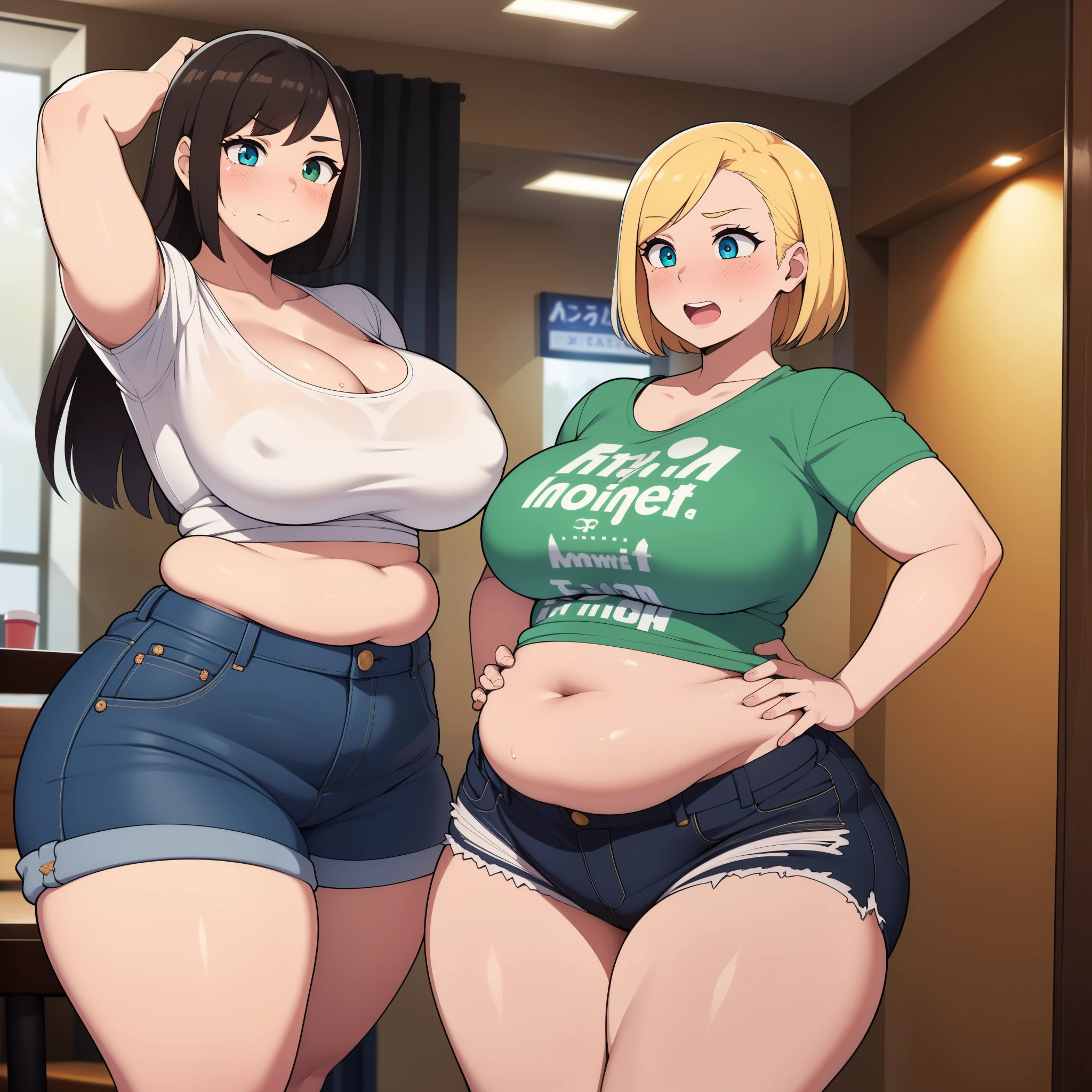 ((highres)), Masterpiece, high quality, best quality, beautiful, perfect lighting, detailed face, ultra cute face, ((2girls)), ((blush)), embarrassment, one girl has blonde hair, blue eyes, crop top and shorts, one girl has brown hair, green eyes, jeans, white shirt, tight clothes, fast food restaurant, medium breasts, cleavage, perky breasts, (wide hips), ((thick thighs)), (chubby), fat folds, belly hang, standing next to each other, hand grabbing belly,