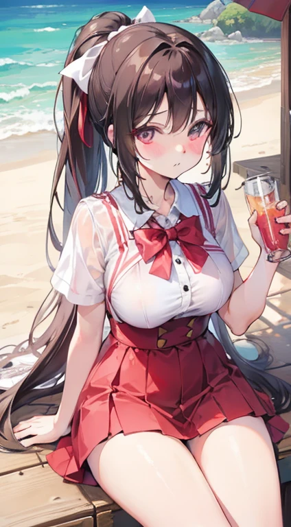 On a sunny day,17 year old girl with long hair,single ponytail,leaking breasts,blush,bow your head,drink cola