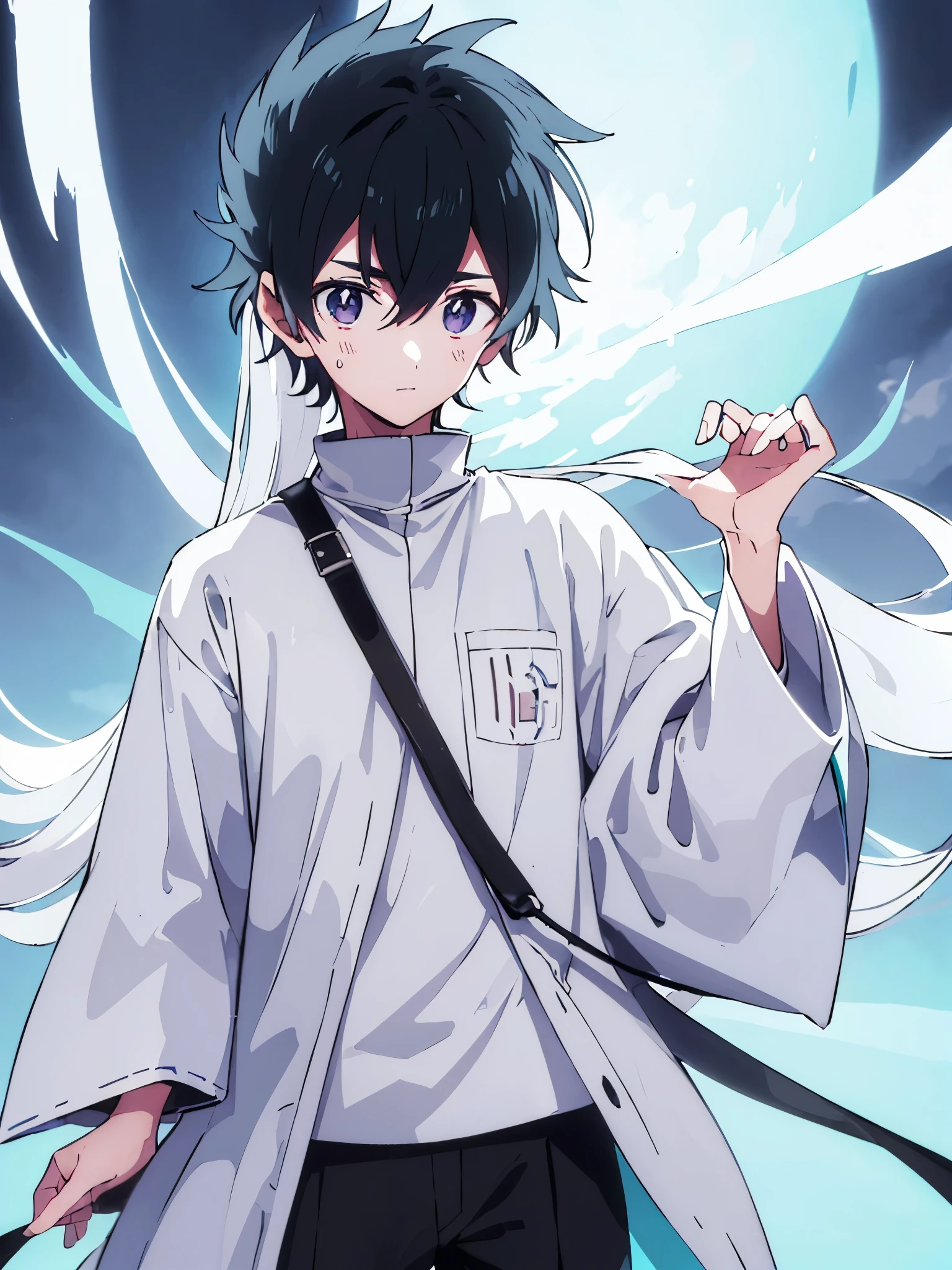 ((best quality)), ((masterpiece)), (detailed) Young 19-year-old, Small Portion of Forehead Has White scales With a small white Horn, Wearing white robes over his torso And Black pants, his Hair is black consisting with white highlights. He is 6 ft.