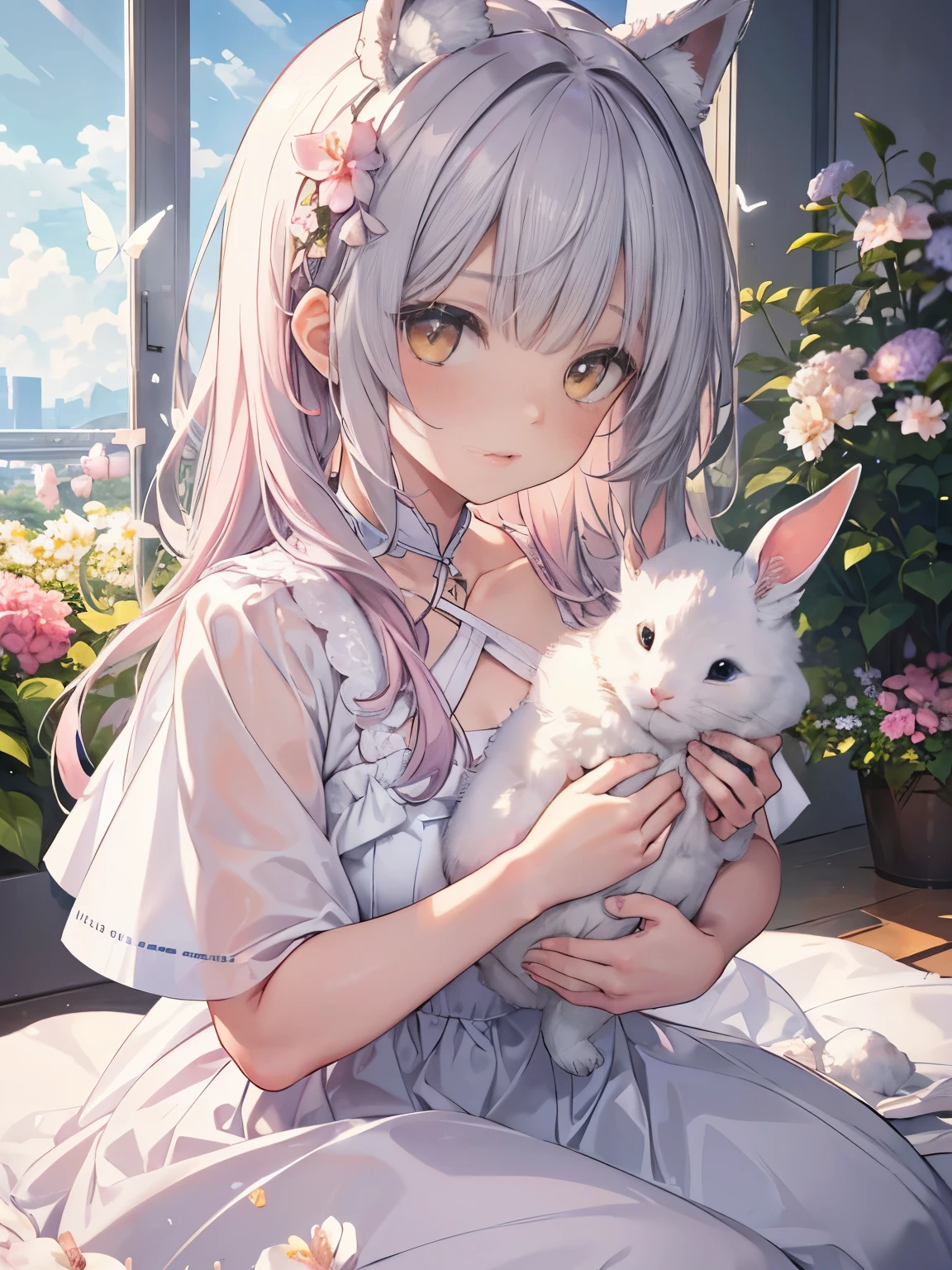 detailed, realism, 4k, 15 year old girl, 顔のdetailed, big yellow eyes, plump lips, upturned nose, gray hair with pink tresses, wearing a white dress, holding a rabbit in your hand, background flowers, white butterfly in the foreground, realistic shooting, Depth of the bounds written, soft forelight, shine, HDR (calm colors: 1.2), Canon RF100mm F2.8L Macro IS USM