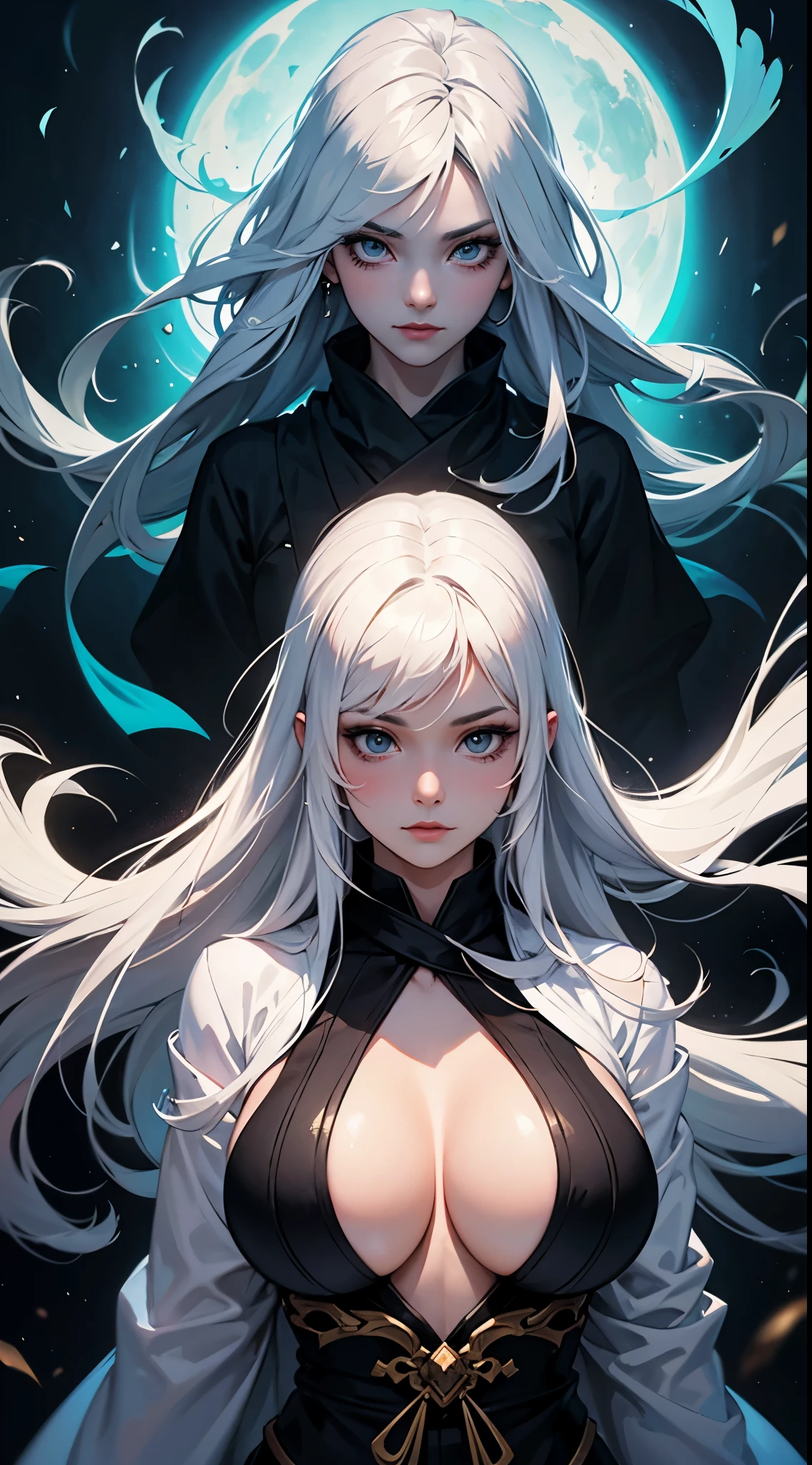 a close up of a woman with a white hair and a black scarf, huge saggy breast, a character portrait by Yang J, pixiv contest winner, fantasy art, white haired deity, beautiful character painting, artwork in the style of guweiz, the piercing stare of yuki onna, guweiz, with white long hair, with long white hair, flowing hair and long robes