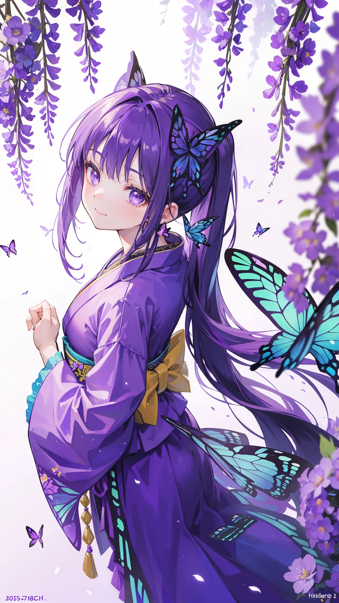 (32k), ((cute girl)), (hight quality), (high-level image quality), (smile), (hight quality wisteria flowers background), (32k background), (wisteria trellis),
(purple short ponytail), (purple eyes), (18 years old), (illustration), (purple light particles), (purple kimono), (purple Japanese clothes), (((from above))), (32k), (beautiful cute girl), (butterfly ornament), (butterfly dress), ((many butterflies)), (((background of many flowers
))), (((bright background))), (beautiful world), (cute world), (smile), back,