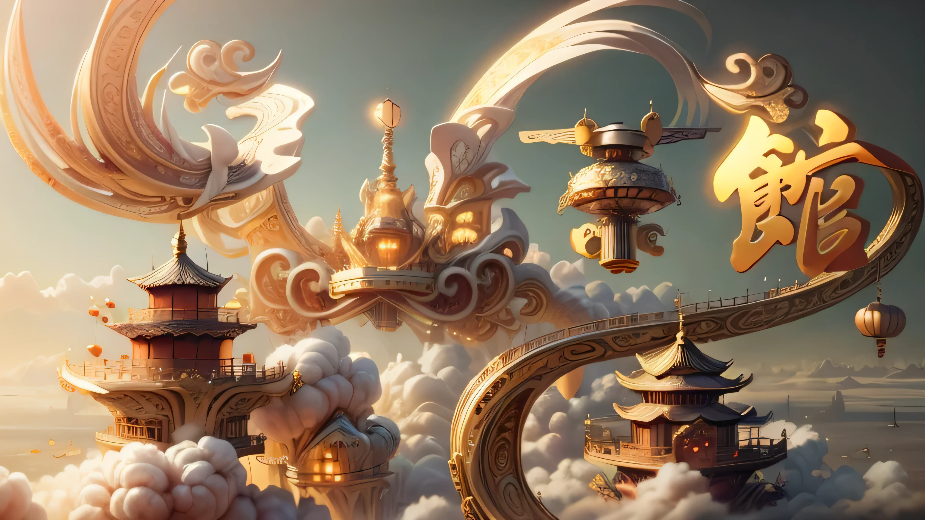 (golden chinese garden),flight,Dream,floating islands in the sky,Artifact light effect,masterpiece,Super exquisite,three dimensional,super rich,super detailed,32k,Magnificent everywhere