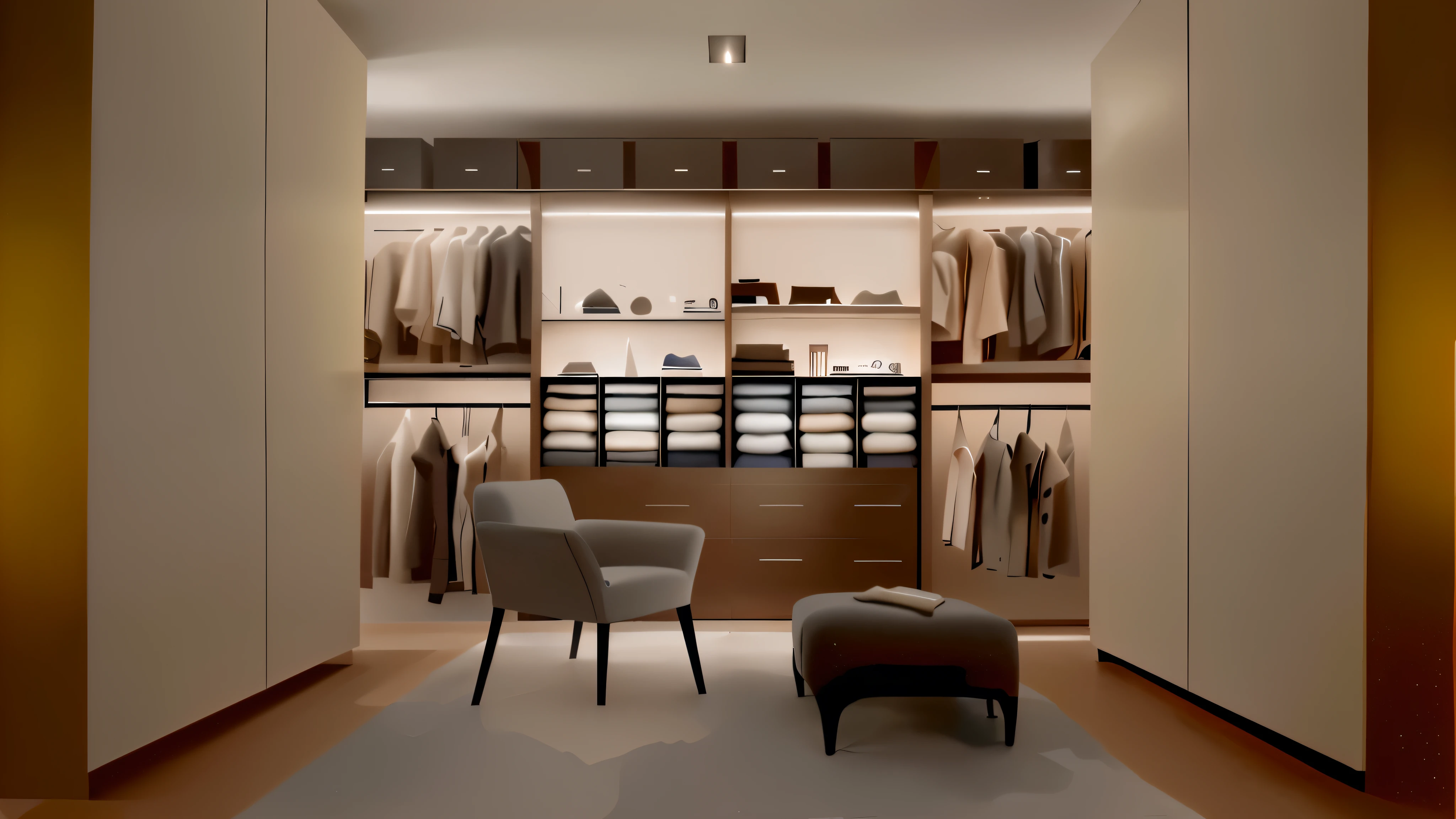 Arafad has a chair and a footstool&#39;Wardrobe, 优雅的Wardrobe, 优雅的未来派Wardrobe, elegant minimalism, Organized, Neat and tidy, Indoor warm light, clean and Organized, indoor lighting, modern gallery furniture, real reality images, Brown ambient light, Soft lighting color scheme, designer furniture, Smooth curves, Luxurious materials, elegant furniture, Neat