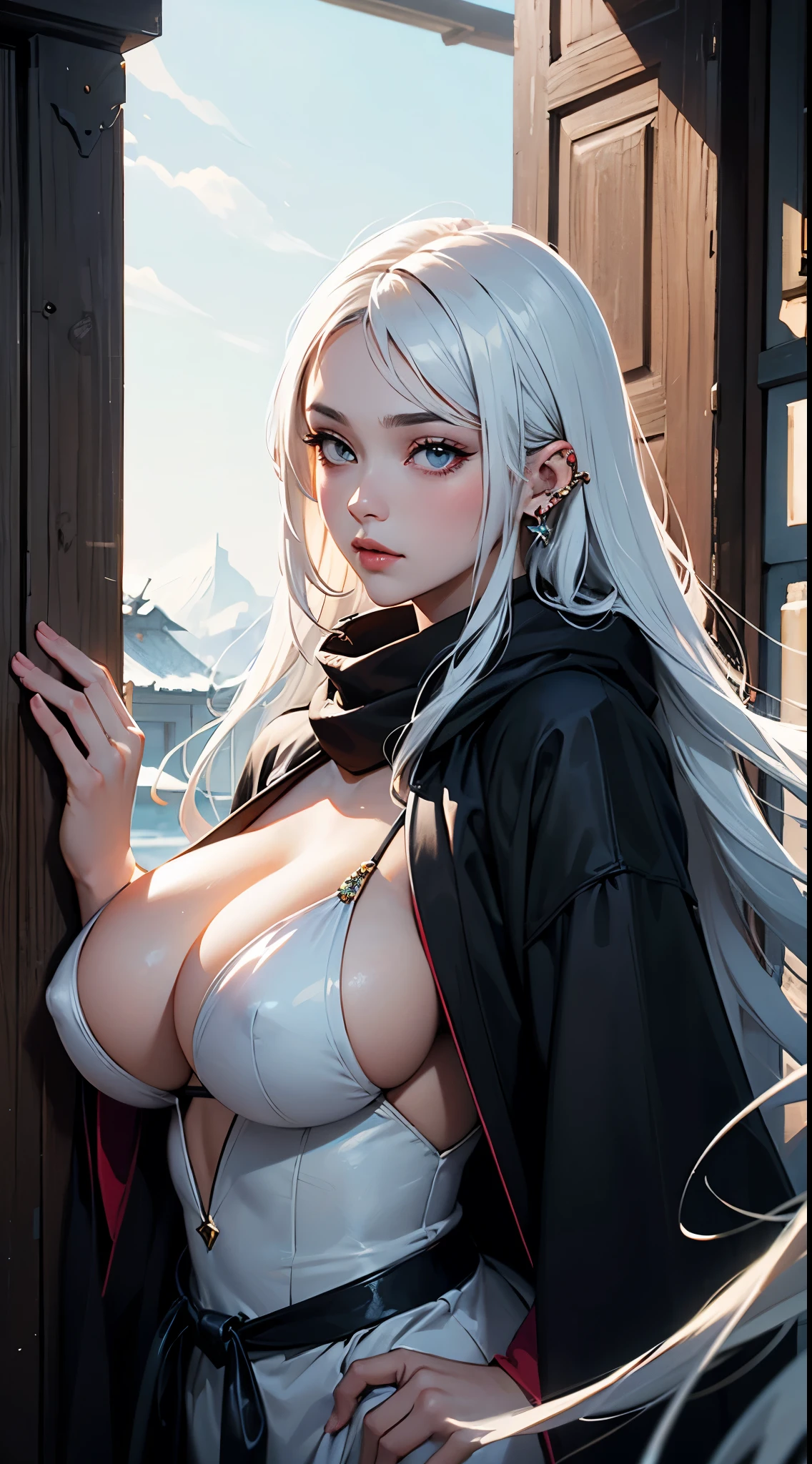 a close up of a woman with a white hair and a black scarf, huge saggy breast, a character portrait by Yang J, pixiv contest winner, fantasy art, white haired deity, beautiful character painting, artwork in the style of guweiz, the piercing stare of yuki onna, guweiz, with white long hair, with long white hair, flowing hair and long robes