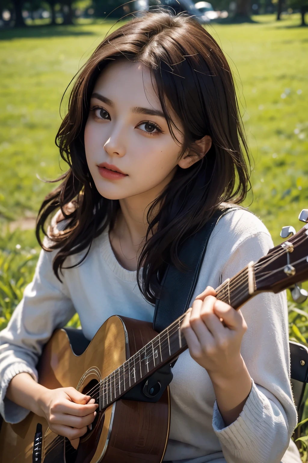 Upper body close-up image.A beautiful woman. Dark brown hair. A woman in her twenties. She is singing with a guitar in one hand. She is sitting on the grass in the park and the evening light is spreading. The season is spring.The woman has a slightly sad expression on her face.