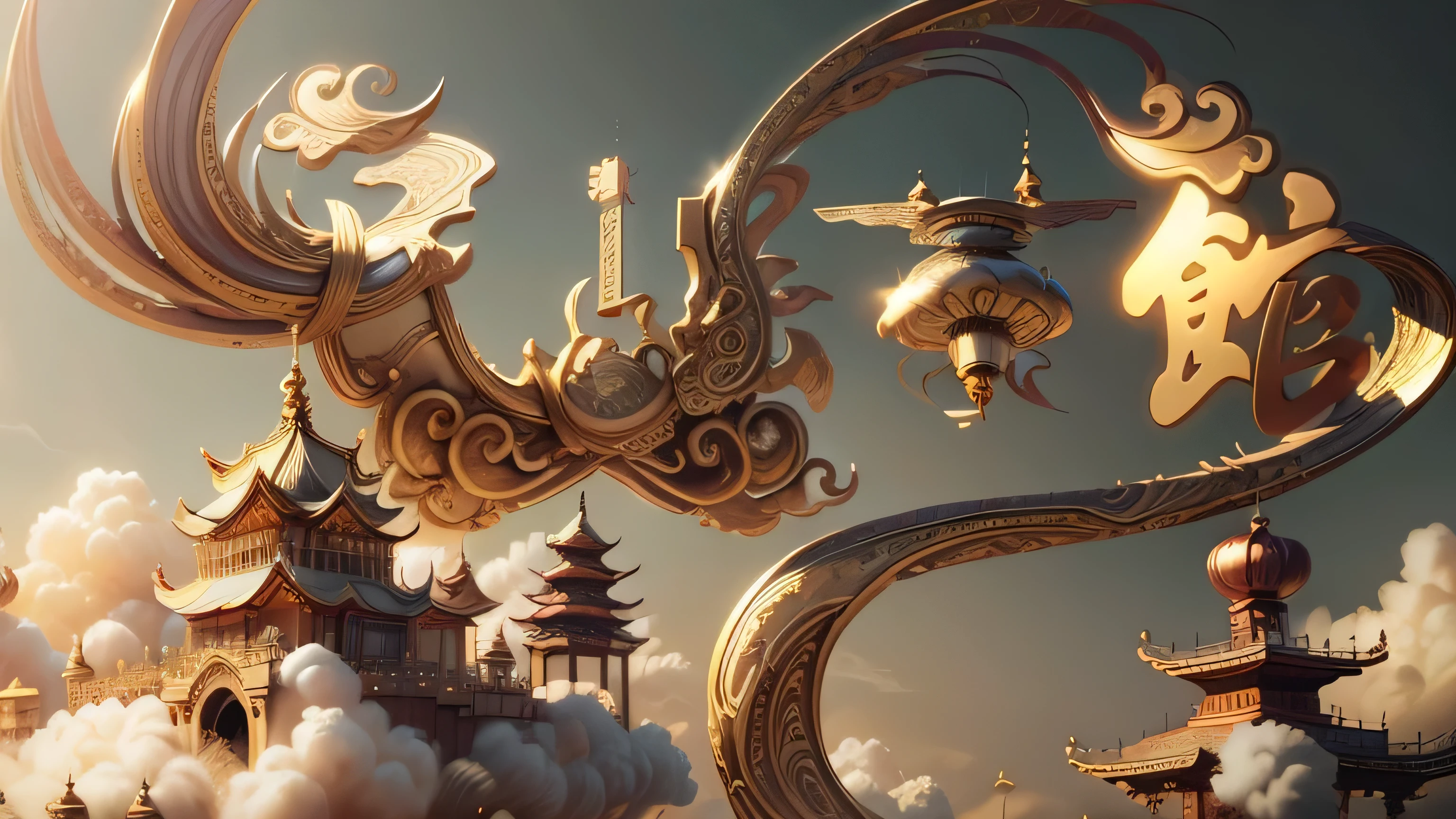 (golden chinese garden),flight,Dream,floating islands in the sky,Artifact light effect,masterpiece,Super exquisite,three dimensional,super rich,super detailed,32k,magnificent all around