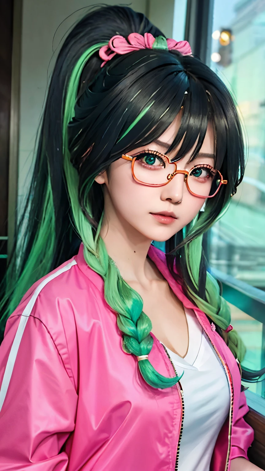 Close-up of a woman wearing a pink and gray jacket, inspired by anime, 美麗的anime style, 美丽的anime girl, anime style mixed with Fujifilm, anime girl in real life, colorful braids, cute colorful cute, A beautiful anime portrait, anime style4 K, anime style, anime girl, style anime, 漂亮的anime girl, anime atmosphere, anime style, with beautiful colors,Long ponytail hairstyle,Black hair and green hair, Good-looking hair accessories, Eye color is light green,Wearing red glasses,Fine-rimmed glasses,