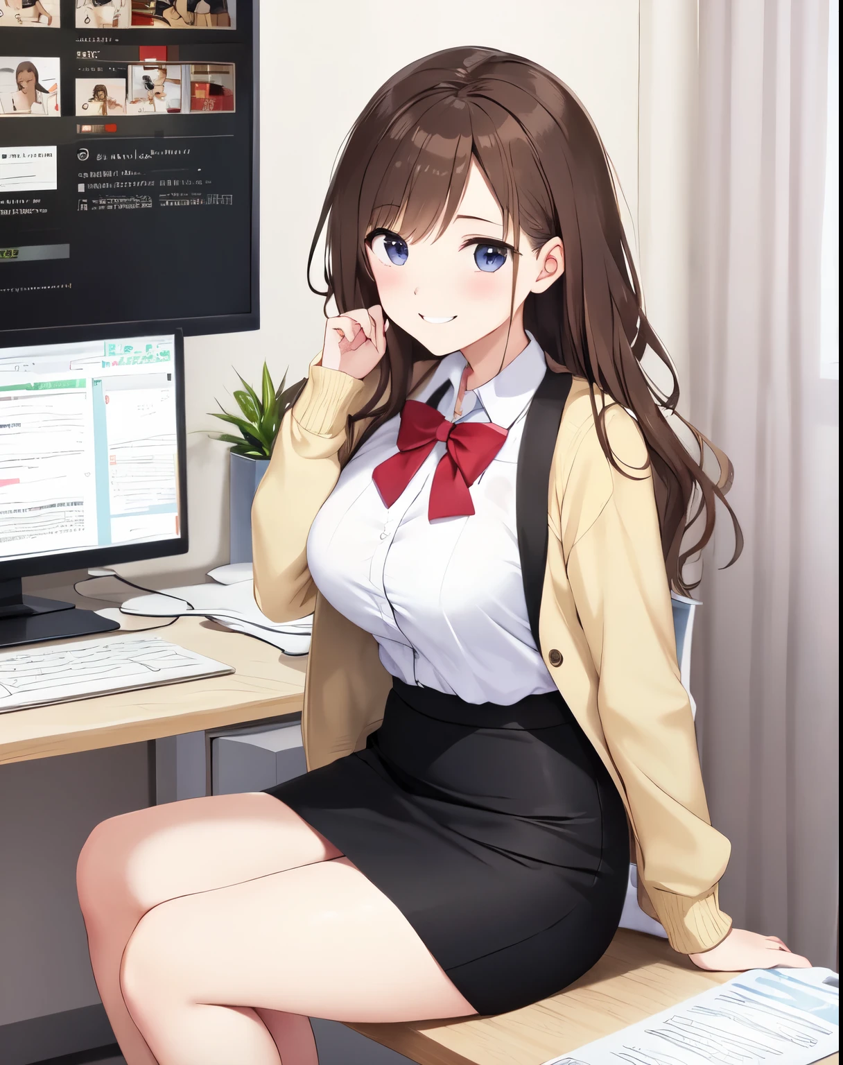 pencil skirt、virtual currency、Bitcoin柄、Bitcoinを持って、virtual currency、pencil skirt、Bitcoinの服、 looking at the viewer, brown hair,, Bitcoinの服、Bitcoinを持って、Bitcoin,smile、digital gold、Money、Erotic、medium breasts、sit