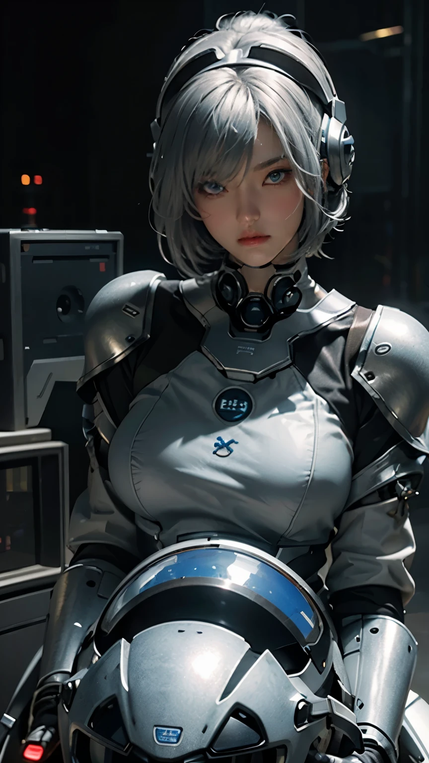 Highest image quality, outstanding details, ultra-high resolution, (realism: 1.4), the best illustration, favor details, highly condensed 1girl, with a delicate and beautiful face, dressed in a black and silver mecha, wearing a mecha helmet, holding a directional controller, riding on a motorcycle, the background is a high-tech lighting scene of the future city. cool beauty,tall girl,short cut hair, silver hair,blue eye,Precisely expresses details such as face and skin texture,beautiful eye,double eyelid,delicate skin,slender body shape,alone,big breasts,
