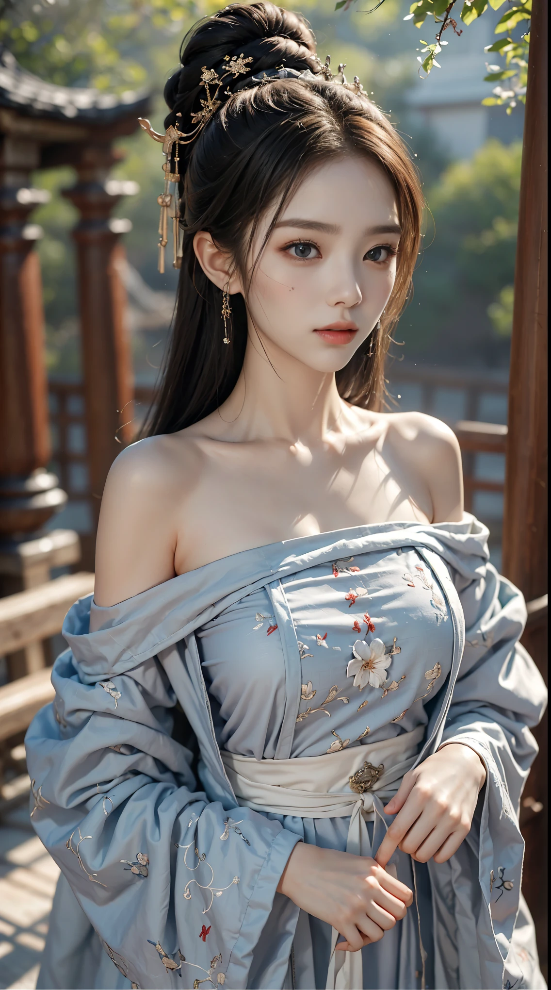 ((Best quality at best, 8K, tmasterpiece:1.3)), focal:1.2,Bust photo,Upper limb 4,ancient wind,Red off-shoulder Hanfu,Ultra-realistic skin texture,Beautiful woman with perfect figure:1.4, hip is cocked:1.2, ((Cut your hair into layers, ordinary:1.2)), , (Sateen, Temples:1.3), Highly Detailed Face and Skin Textur, A detailed eye, 二重まぶた,Whitening Skin,Long gray hair,(with a round face:1.5),soaking