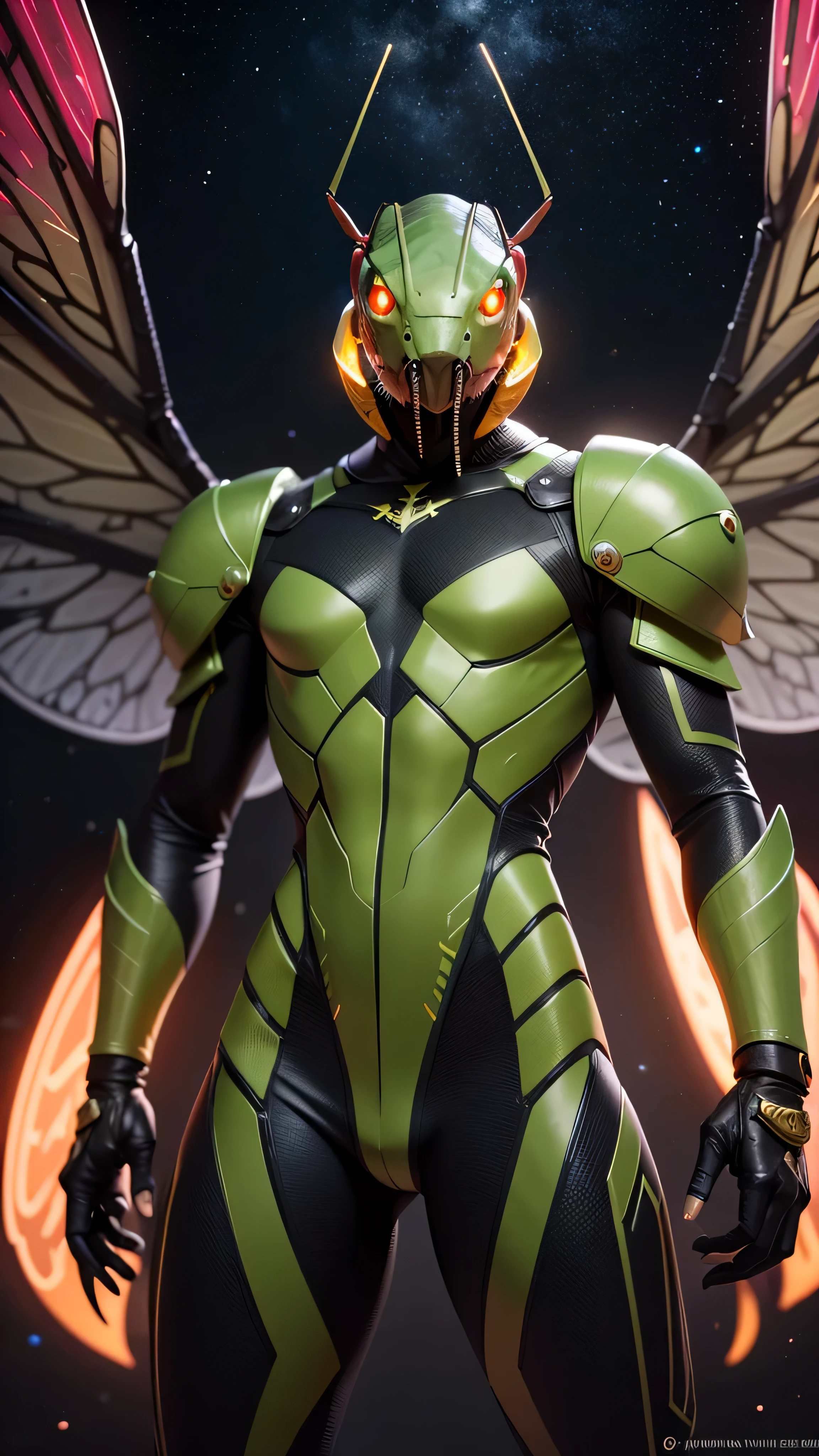((best quality: 1.5)) ((masterpiece: 0.8)), intricate details, sharp focus, professional, dim lighting, flickering shadow, dynamic dramatic hero pose, in the style of realistic and hyper detailed renderings BREAK ((paladin Armor: 1.1, matte black gauntlets with gold engraving, (((male mantis anthropomorph, red silver wings, long metal fingernails, glowing))))), photorealistic, hyper-realistic, 8K, BREAK, ((background futuristic space city, epic battle))