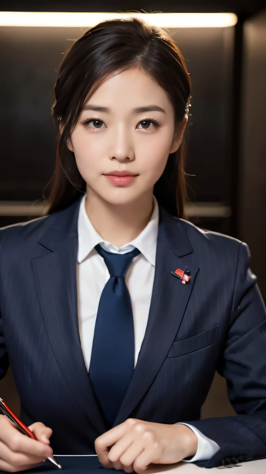 masterpiece, elegant. Ultra-fine details, masterpieces, realistic textures, realistic cinematic lighting, perfect work, 8k, HD, delicate facial features, (upper body, large breast), smile, (Japanese idol:1.2), Professional lighting, 
Navy blue pinstripe suit with white shirt and red tie, Dapper, Business conference room, Professional ambiance,