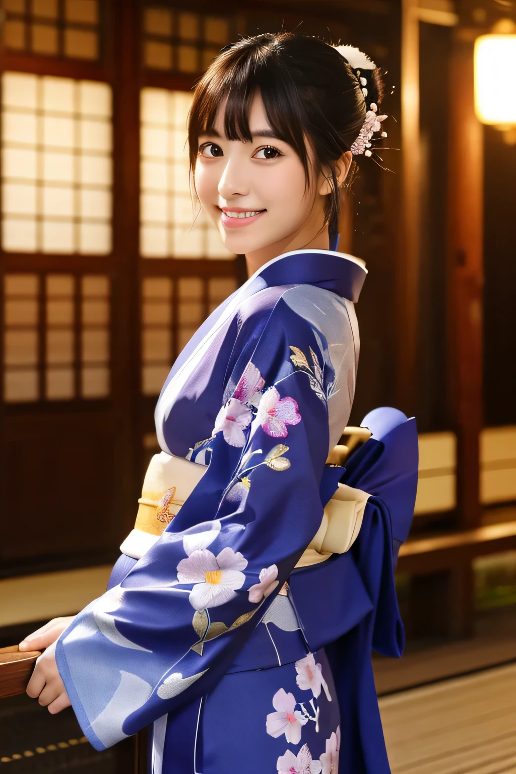 (8k、RAW photo、highest quality、masterpiece:1.2)、Super detailed、ultra high resolution、(realistic、photo realistic:1.37)、portrait、High-definition RAW color photo、professional photos、very delicate and beautiful、very detailed、 8k wallpaper、growing up、finely、huge file size、official art、Highly detailed CG Unity 8k wallpaper、very detailed美しい女の子、very detailed顔、extremely detailed eye、very detailed肌、very thin fingers、very detailed鼻、very detailed口、perfect anatomy、very detailed背景、very detailed衣装、1 girl、(18-year-old:1.2)、10 generations、cute、famous japanese idol、cute、(:1.2)、realistic body、、pure white skin、shiny skin、slender body、good style、black haired、hair collection、(bangs:1.2)、laughter、cute、young、cute faces、lifelike face、Beautiful eyes、ordering sauce、(kimono:1.4)、intricate embroidery、earrings、(hair ornaments:1.2)、eye、cowboy shot、frontage、standing athletic pose、contrapo、in house、(night:1.4)、bathrobe、Kyoto、dynamic lighting、valley、