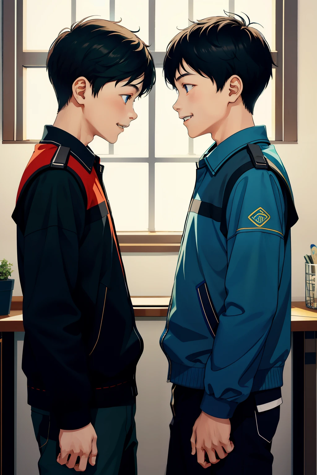 two boys are chatting,(brothers,Conversation is easy and natural,cheerfully:)