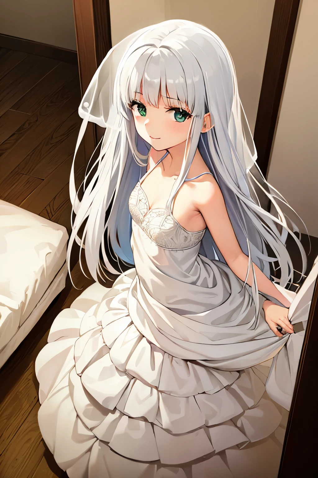 Cabello largo plateado, ojos verdes, wedding dress, white clothes, flat breast, sonrisa, happy, muslos hermosos, inside house