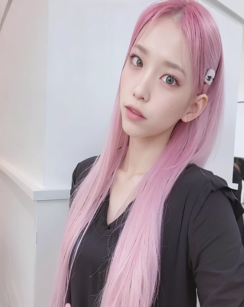 a close up of a person with long pink hair and a black shirt, with pink hair, pink straight hair, long pink hair, pink twintail hair and cyan eyes, ulzzang, long flowing pink hair, flowing pink hair, sakimichan, Miyawaki Sakura, Pink hair