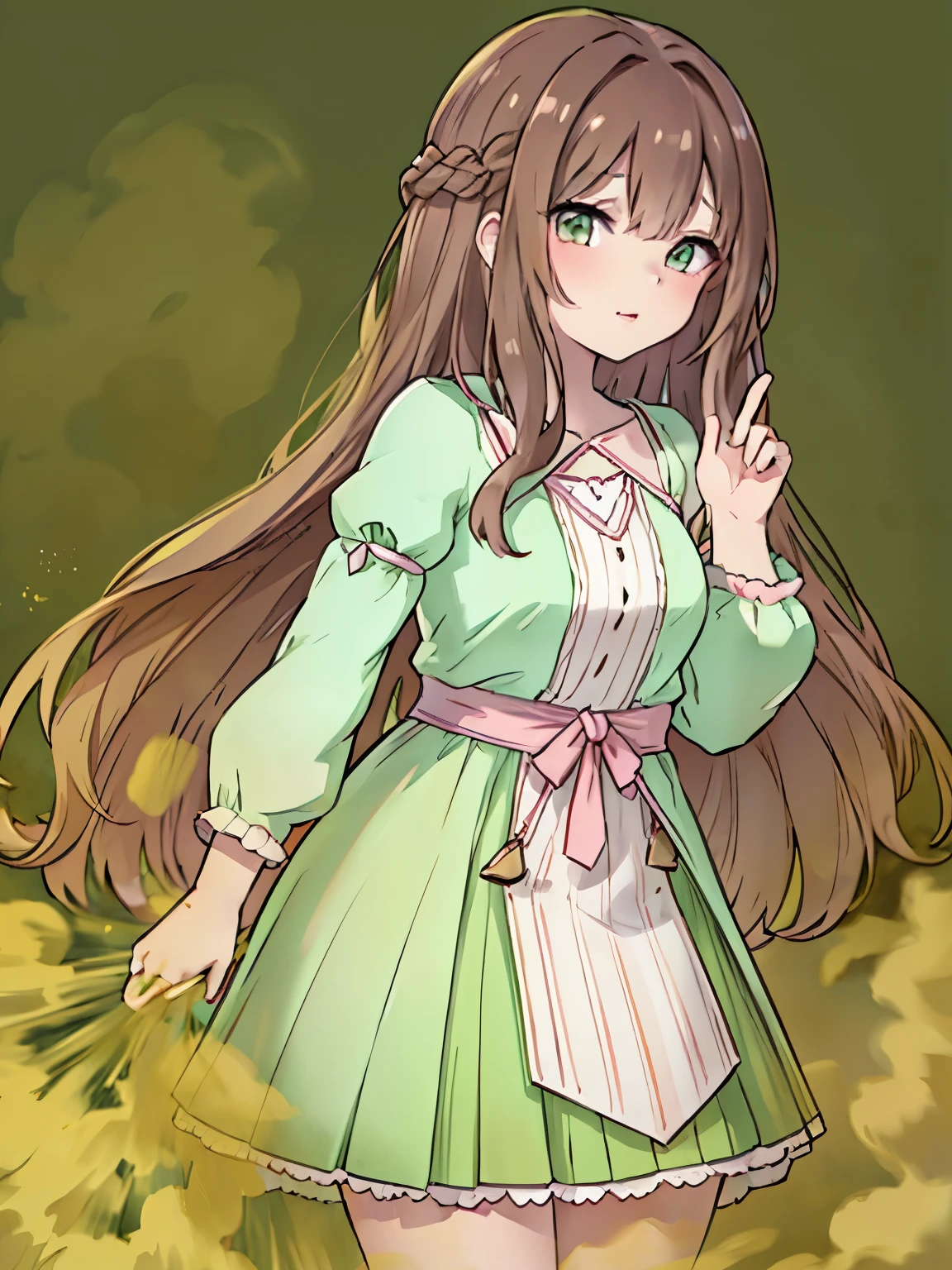 long wavy hair, brown hair, 1 girl, emerald eyes, wave with two fingers, pink lips, pastel green dress,