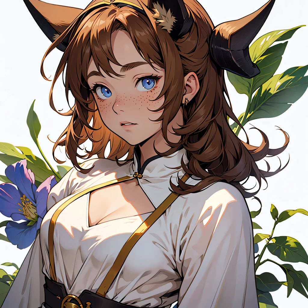 medieval anime art, masterpiece, best quality, only one person, female, solo, upper body portrait, detailed composition, detailed eyes, white background, shoulder length curly brown hair, fox ears, flat chest, small, adorable, innocent, horns, chubby, freckles