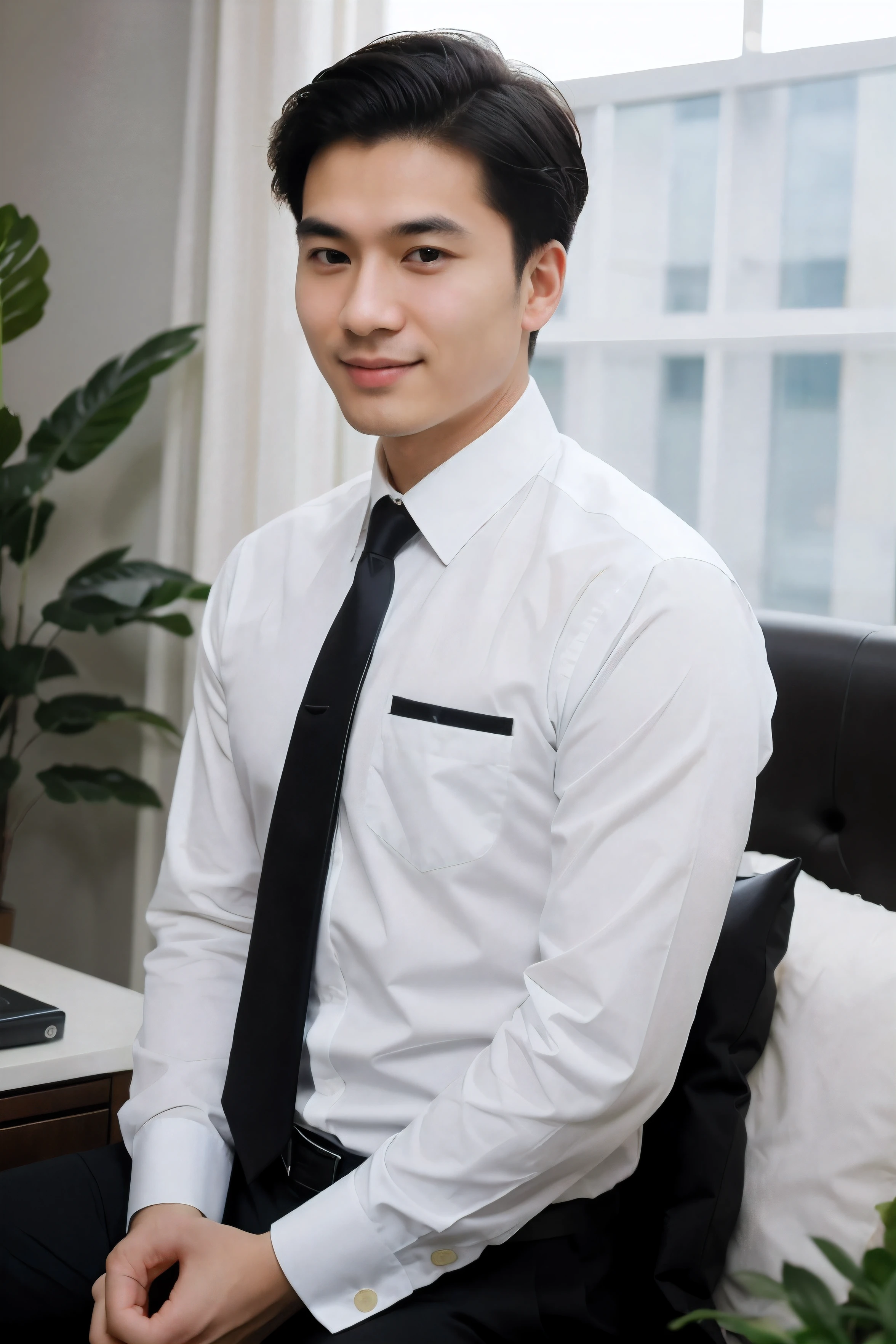 Zhang Qiang, 25 age old, project manager。He wears a dark suit, Wear yours with a white shirt and dark tie。His hairstyle is neat, The face is clean and clean, The eyes reveal wisdom and confidence。He smiled and looked into the camera, It gives a professional and competent temperament, hyper HD, Masterpiece, Textured skin, High quality, A high resolution, Best quality, High details