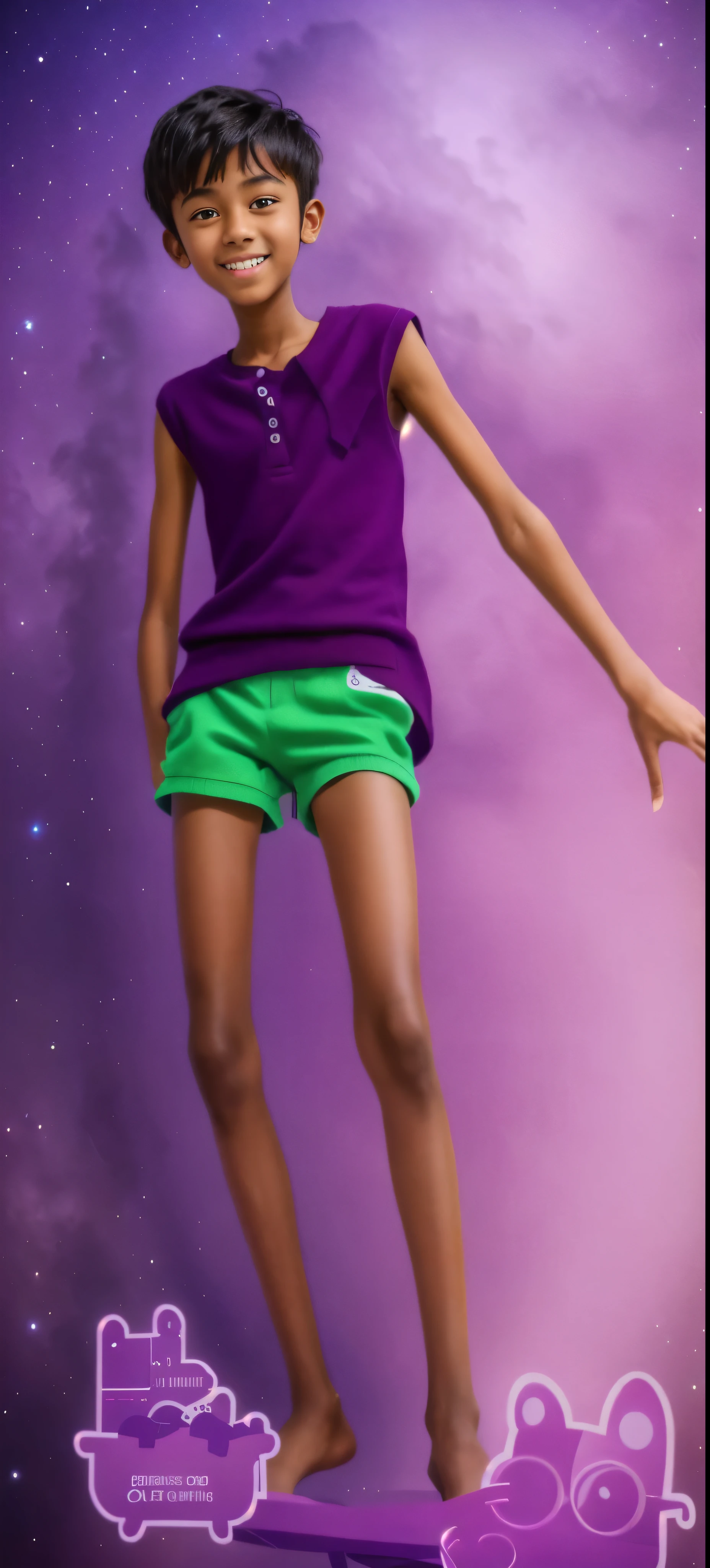  boy，Bronzed skin，Green knitted shorts，Purple sleeveless vest，，big eyes，very short hair，Tall and skinny，full-body shot，a junior highl student，tor，real life，best quality，8k，aurora，Mars，outer space，Jupiter