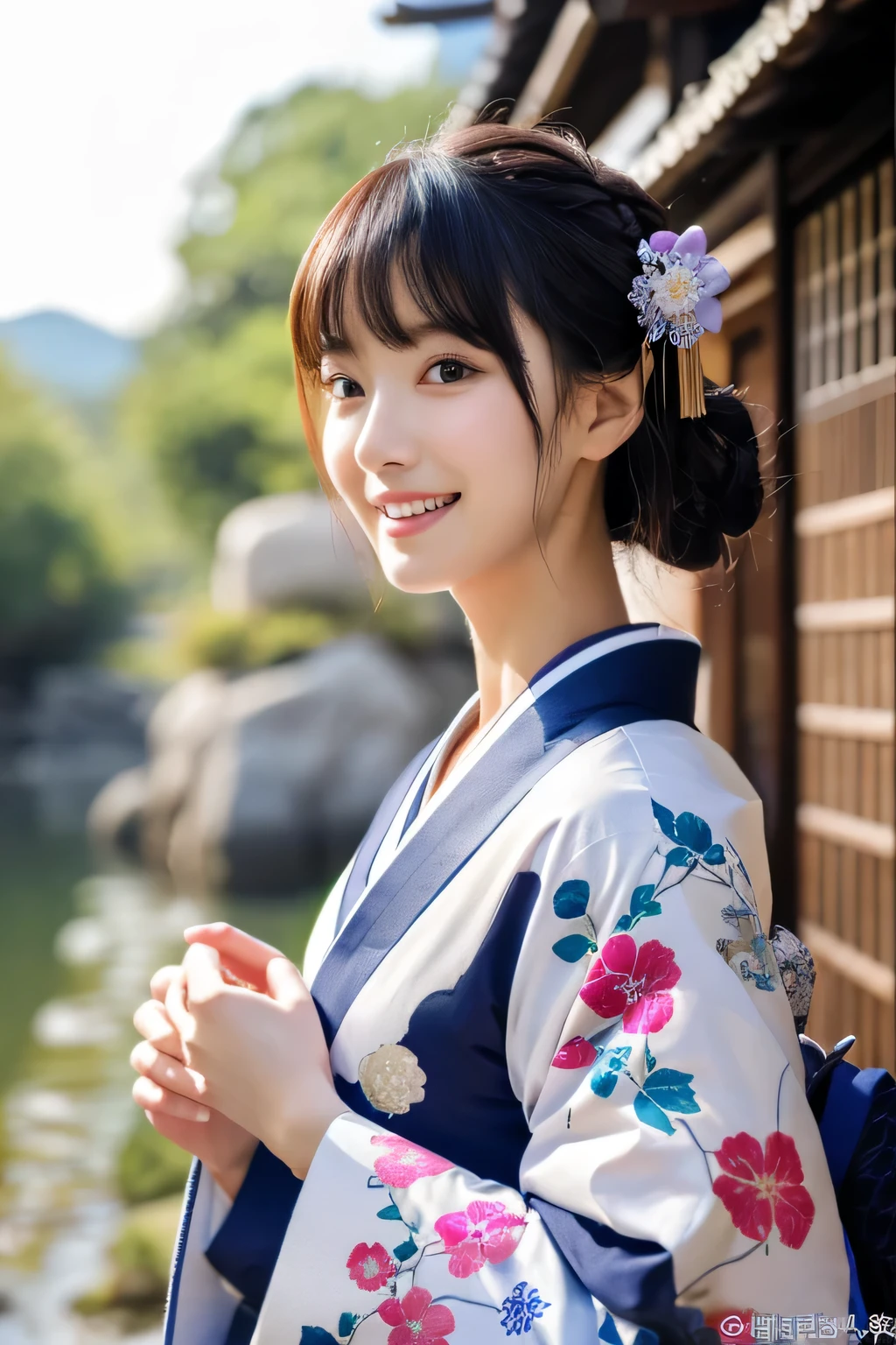 (8k、RAW photo、highest quality、masterpiece:1.2)、Super detailed、ultra high resolution、(realistic、photo realistic:1.37)、portrait、High-definition RAW color photo、professional photos、very delicate and beautiful、very detailed、 8k wallpaper、growing up、finely、huge file size、official art、Highly detailed CG Unity 8k wallpaper、very detailed美しい女の子、very detailed顔、extremely detailed eye、very detailed肌、very thin fingers、very detailed鼻、very detailed口、perfect anatomy、very detailed背景、very detailed衣装、1 girl、(18-year-old:1.2)、10 generations、cute、famous japanese idol、cute、(:1.2)、realistic body、、pure white skin、shiny skin、slender body、good style、black haired、hair collection、(bangs:1.2)、laughter、cute、young、cute faces、lifelike face、Beautiful eyes、ordering sauce、(kimono:1.4)、intricate embroidery、earrings、(hair ornaments:1.2)、eye、cowboy shot、frontage、standing athletic pose、contrapo、in house、(night:1.4)、bathrobe、Kyoto、dynamic lighting、valley、