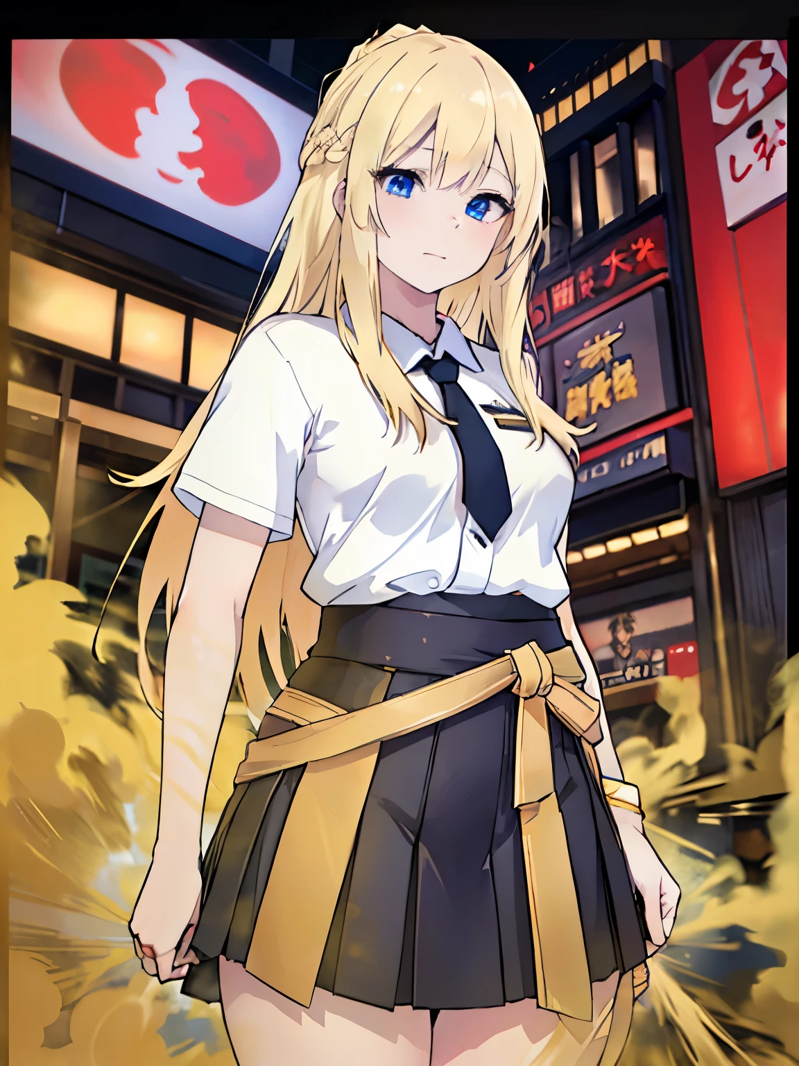 masterpiece, highest quality, 8k, photo reality, realistic, octane rendering, Lively streets of Japan (1 female: 1.4), (There's only one woman on the screen: 1.3), (white shirt), (long golden hair), (hip wrap skirt), (blue eyes) upper body display