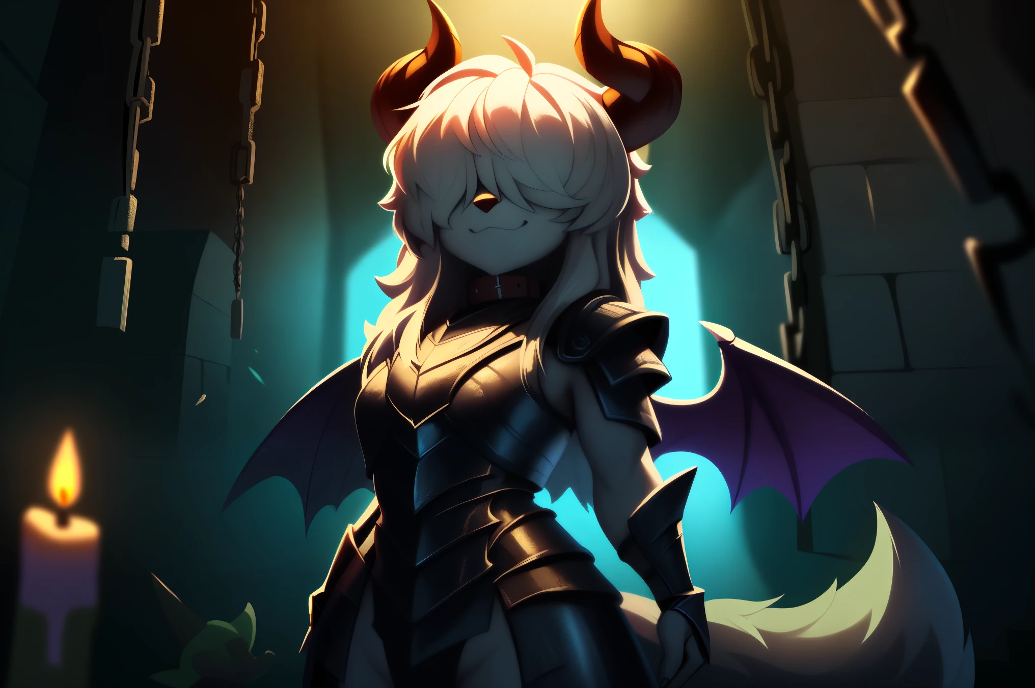 ((fox)), (solo), fluffy hair, ((hair over eyes), long hair, curly hair, ((fluffy body)), fox tail, ((devil wings)), ((devil horns)), ((black devil armor)), smug, nude, spike collar, up close, dark blue atmosphere, (canine penis), (knot), balls, cum, ((dark room)), ((dungeon)), chains, candles, demonic sigil, up close, Very good figure, cinematic lighting, volume lighting, masterpiece, super detail, high quality, best quality, highres, 16k