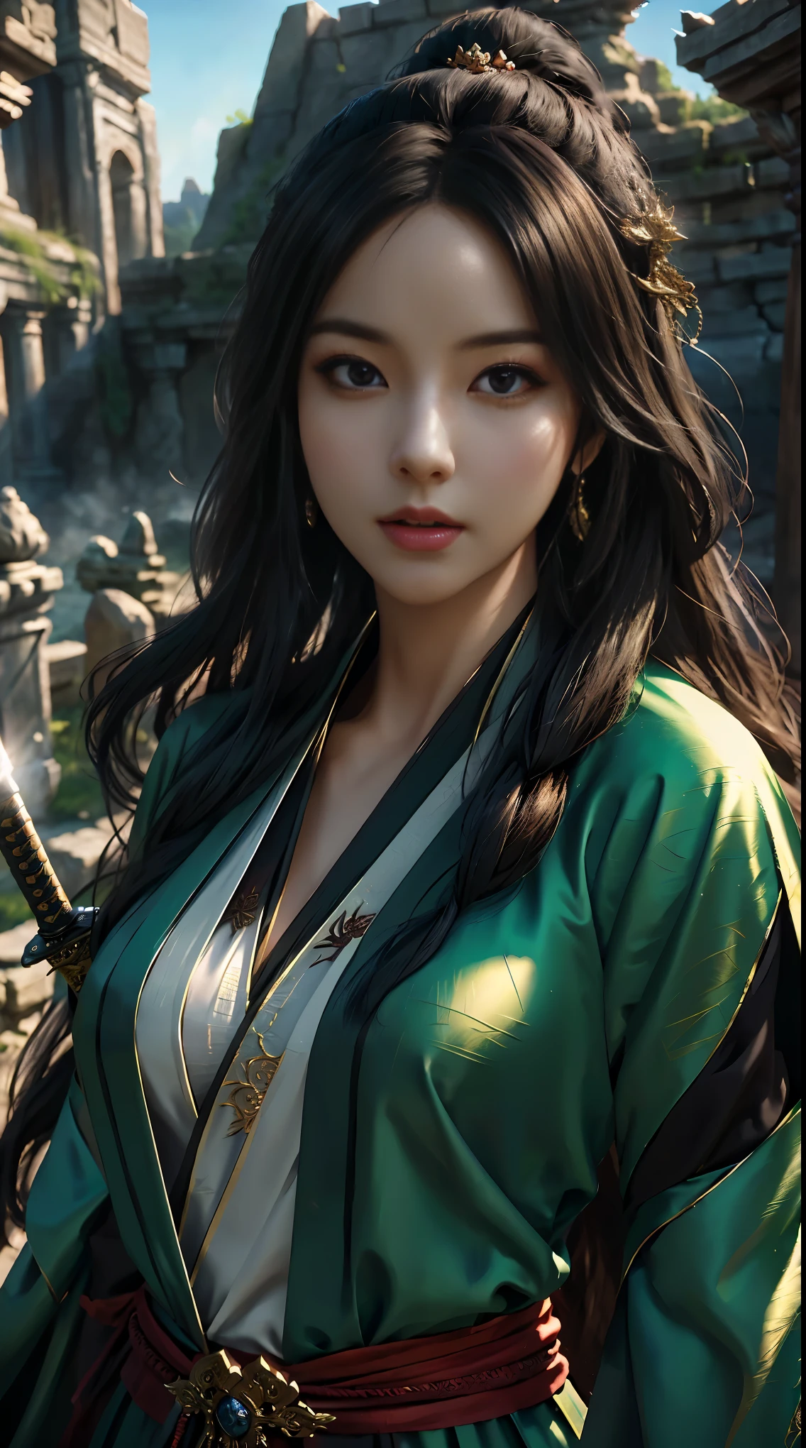 sword immortal,Oriental fantasy,alternate reality,(Fairytale,mythical:1.3),magic,ancient robes,sword,legendary weapon,swordmaster,wind swirling,long hair flowing,beautiful detailed eyes,beautiful detailed lips,extremely detailed eyes and face,floating in mid-air,powerful,serene expression,ancient ruins,mystical aura,(best quality,4k,8k,highres,masterpiece:1.2),ultra-detailed,(realistic,photorealistic,photo-realistic:1.37),HDR,(anime),studio lighting,UHD,vivid colors,ultra-fine painting,sharp focus,bokeh