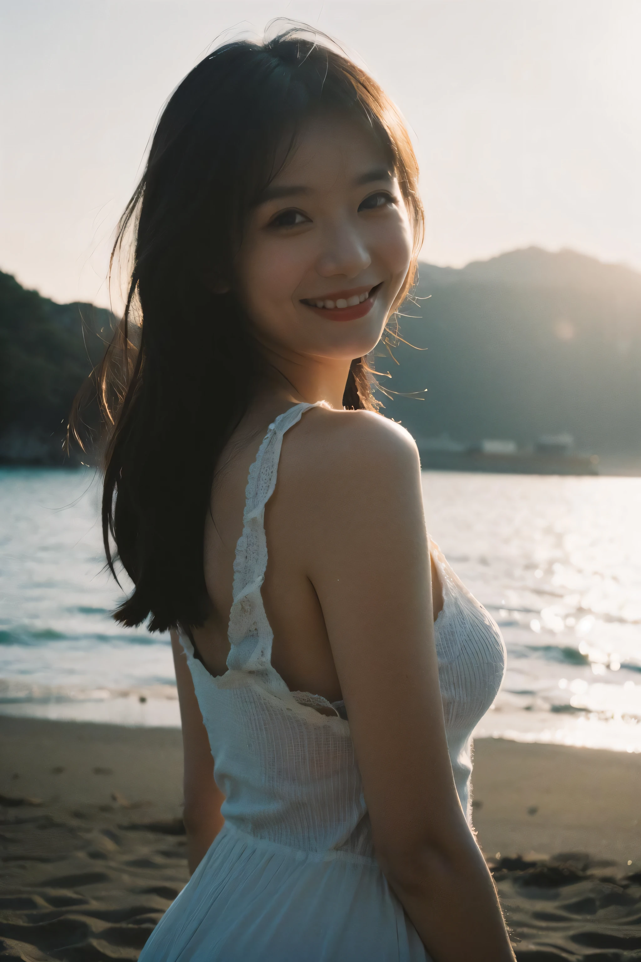 (RAW Photos, Highest quality), (Realistic, Photorealistic:1.3), masterpiece, Very delicate and beautiful, Soft Light, Beautiful detailed girl, 1 girl, Japanese, Pure beauty, smile, Beach, sexy, back, Hair with movement, Tribal pattern
