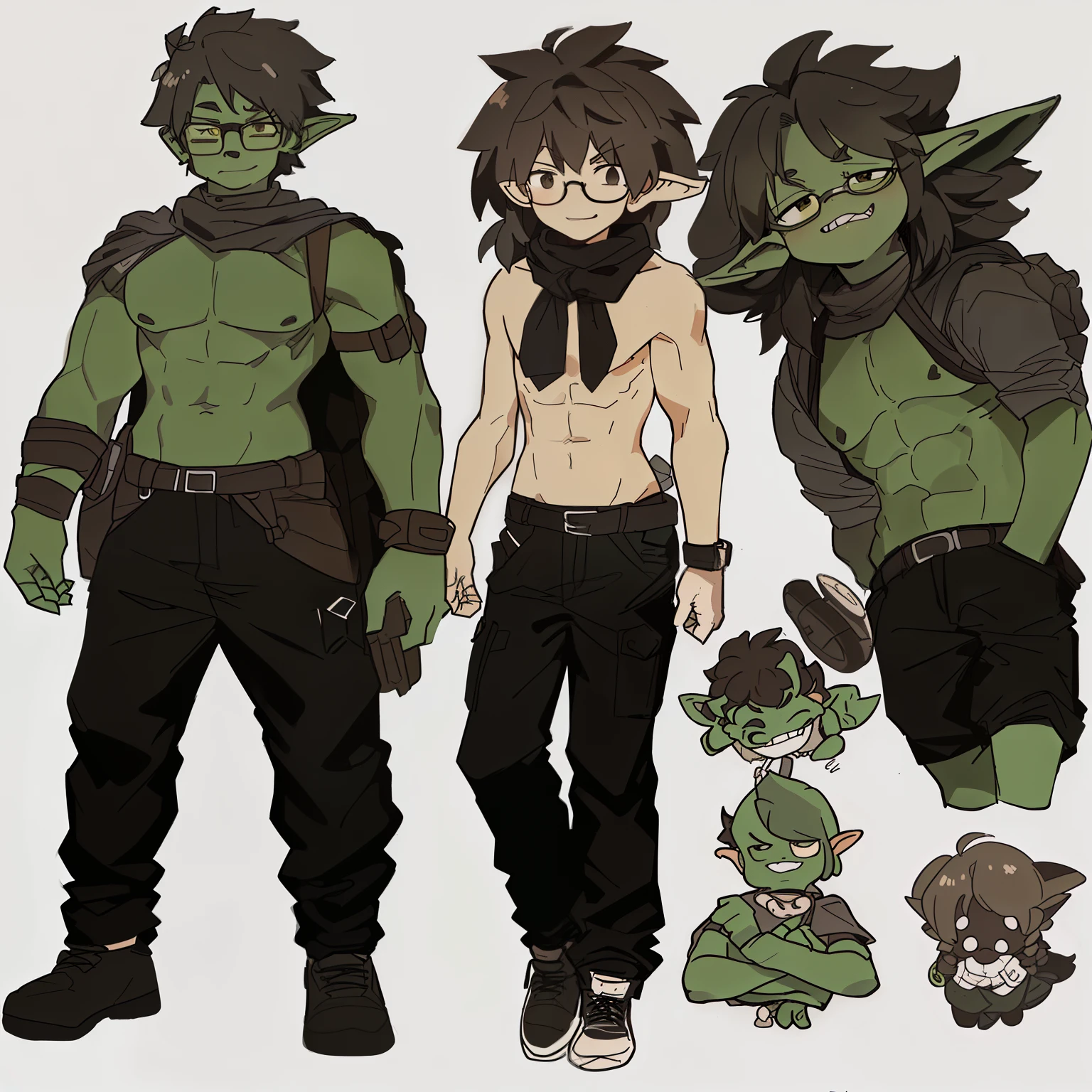 white background, character sheet, (masterpiece, best quality:1.2), A cute goblin, with green skin, wearing no shirt, large ears, brown side swept hair with no sides, a bandana around his neck (black), and black rugged pants, yellow spectacles colored lenses, grinning with needle like teeth