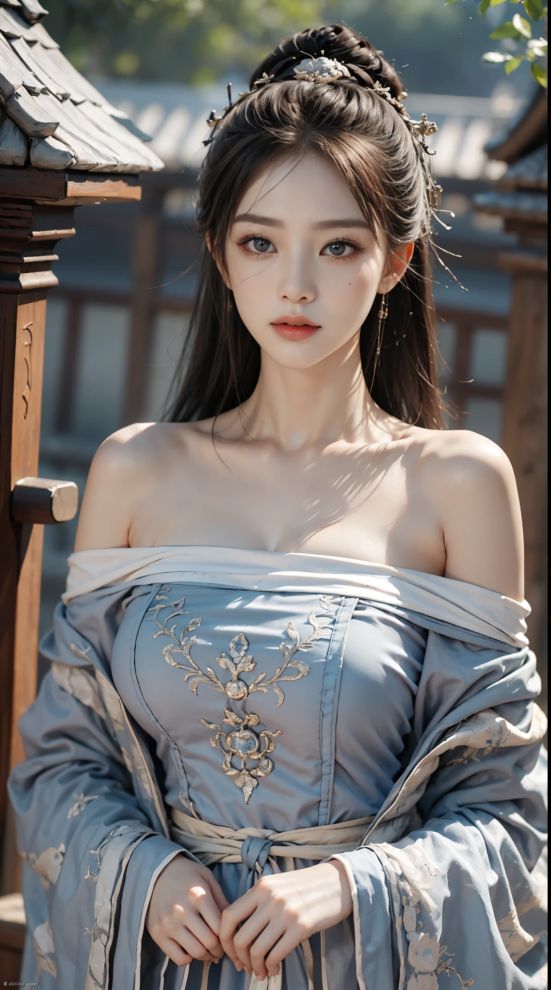 ((Best quality at best, 8K, tmasterpiece:1.3)), focal:1.2,Bust photo,Upper limb 4,ancient wind,Red off-shoulder Hanfu,Ultra-realistic skin texture,Beautiful woman with perfect figure:1.4, hip is cocked:1.2, ((Cut your hair into layers, ordinary:1.2)), , (Sateen, Temples:1.3), Highly Detailed Face and Skin Textur, A detailed eye, 二重まぶた,Whitening Skin,Long gray hair,(with a round face:1.5),soaking