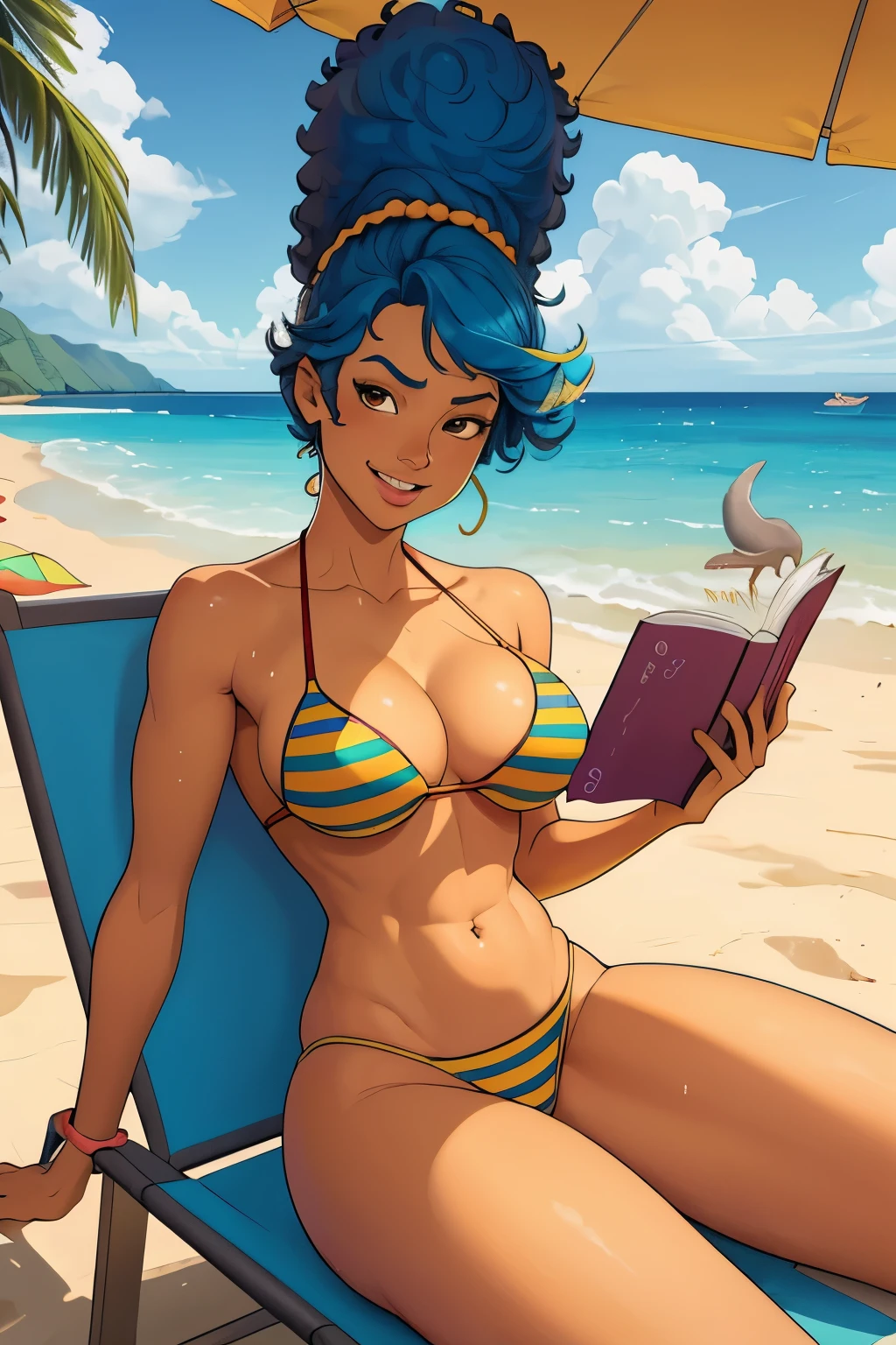 masterpiece, best quality, 1girl, solo, looking at viewer, breasts, margesimpson, yellow skin, afro, big hair, blue hair, bikini, outdoors, beach, armpits, striped bikini,,umbrella, sandy beach, wet hair, relaxing posture, colorful beach towel, beach ball, sunscreen, cool shades, beach chair, reading a book, seashells, starfish, playful dolphins, seagulls flying, happy laughter, vibrant atmosphere, vibrant colors, summer vibes