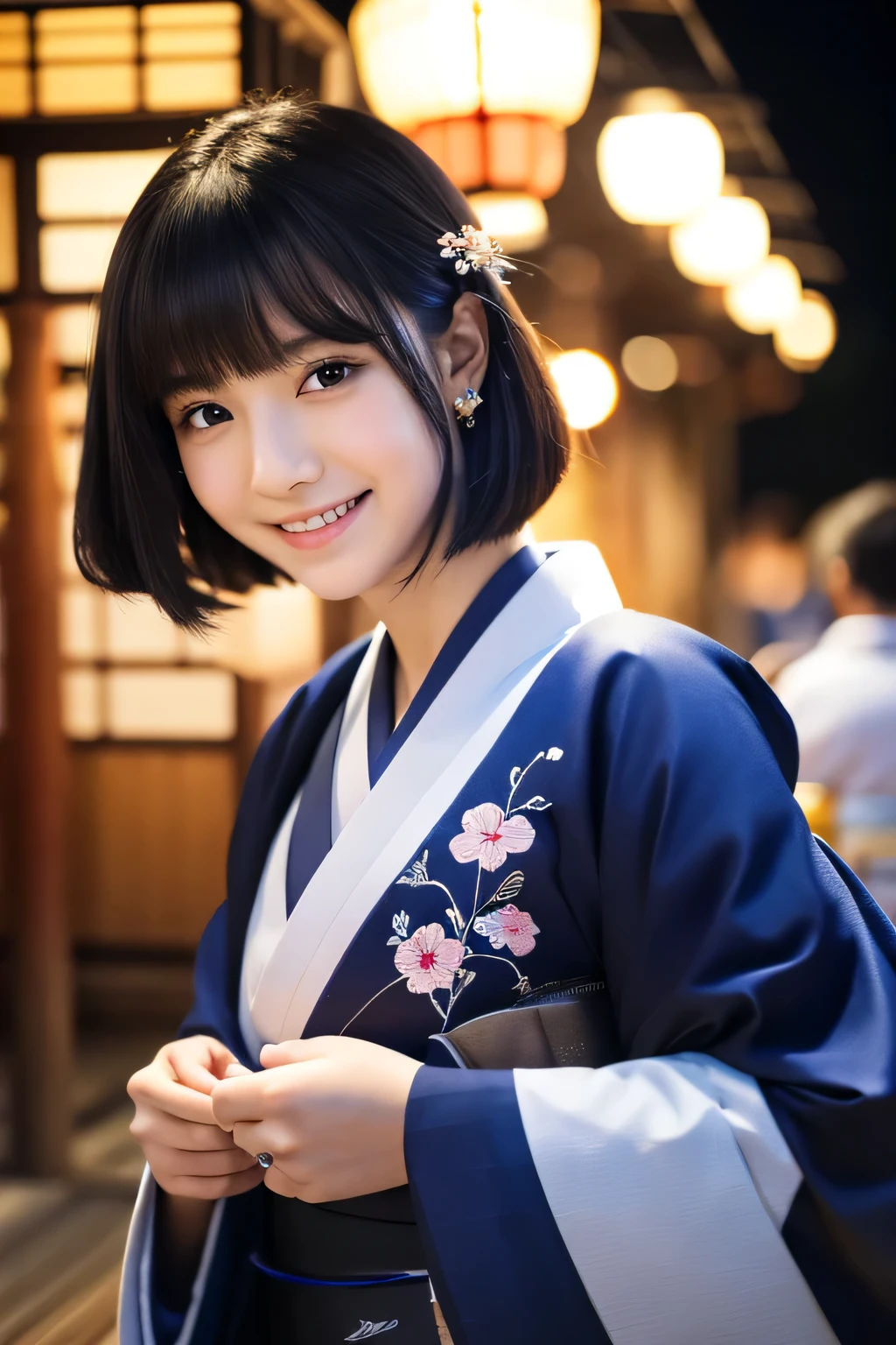 (8k、RAW photo、highest quality、masterpiece:1.2)、Super detailed、ultra high resolution、(realistic、photo realistic:1.37)、portrait、High-definition RAW color photo、professional photos、very delicate and beautiful、very detailed、 8k wallpaper、growing up、finely、huge file size、official art、Highly detailed CG Unity 8k wallpaper、very detailed美しい女の子、very detailed顔、extremely detailed eye、very detailed肌、very thin fingers、very detailed鼻、very detailed口、perfect anatomy、very detailed背景、very detailed衣装、1 girl、(18-year-old:1.2)、10 generations、cute、famous japanese idol、cute、(:1.2)、realistic body、、pure white skin、shiny skin、slender body、good style、black haired、hair collection、(bangs:1.2)、laughter、cute、young、cute faces、lifelike face、Beautiful eyes、ordering sauce、(kimono:1.4)、intricate embroidery、earrings、(hair ornaments:1.2)、eye、cowboy shot、frontage、、contrapo、in house、(night:1.4)、Japanese style、Kyoto、dynamic lighting、look behind the camera